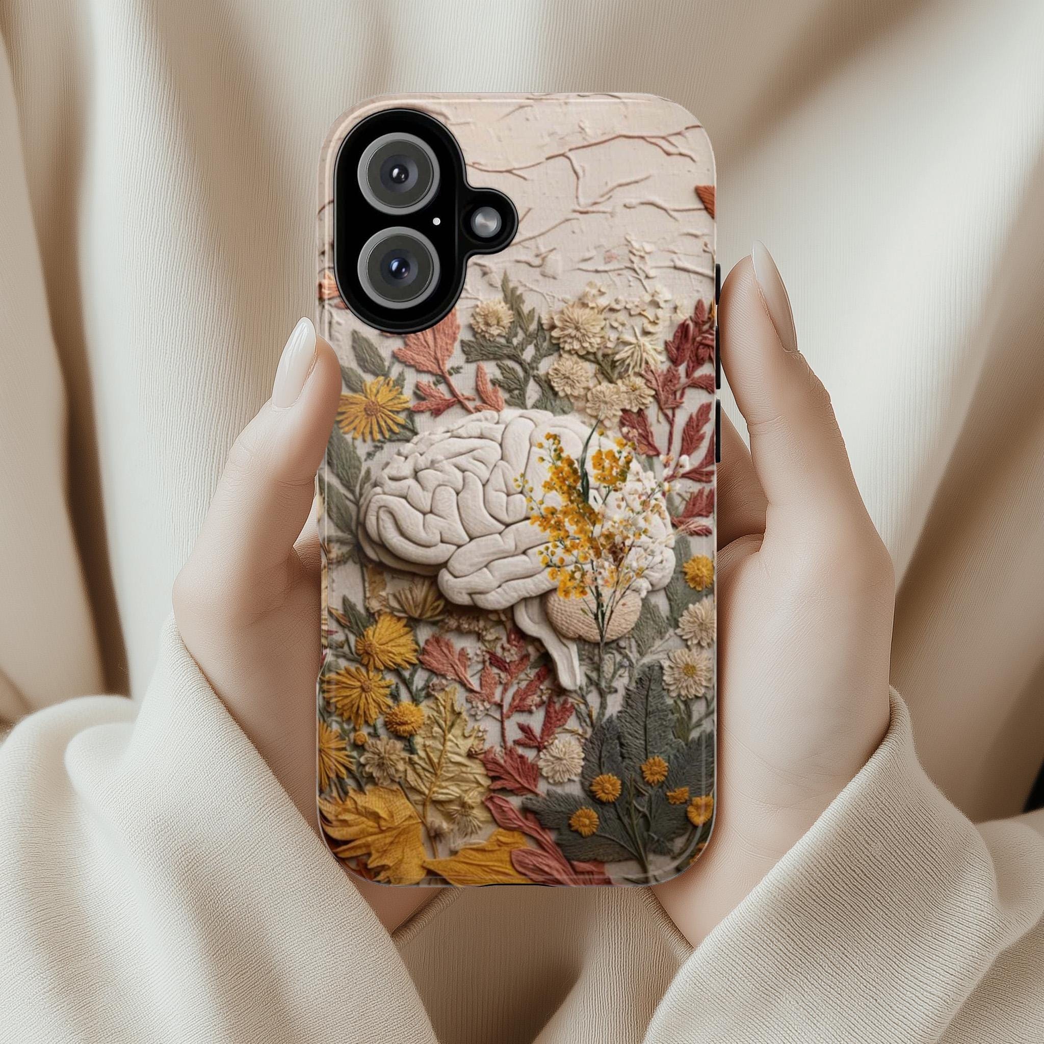 Fantasy Brain Floral Phone Case, Anatomical Brain & Autumn Flowers, Anatomy Art for iPhone 17 16 Tough or Magsafe, Samsung, 430.8