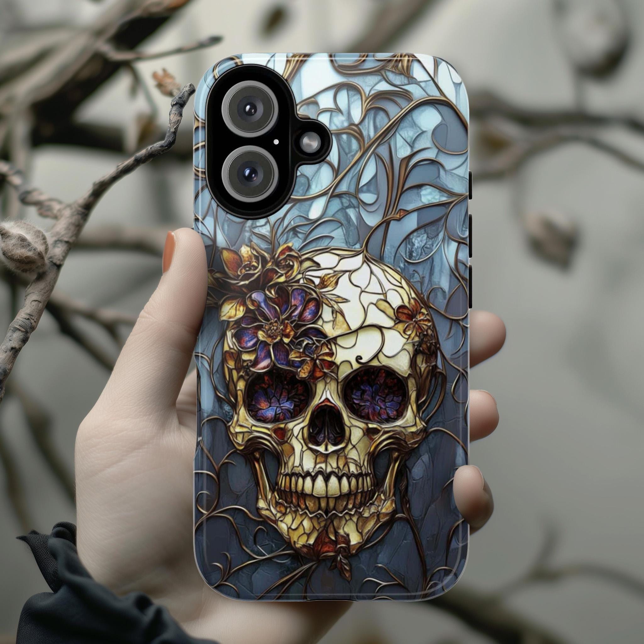 Stained Glass Dark Gothic Skull & Floral Phone Case, Dark Fantasy Art Design Phone Case for iPhone 16, Samsung S25, Pixel 9, 465.4