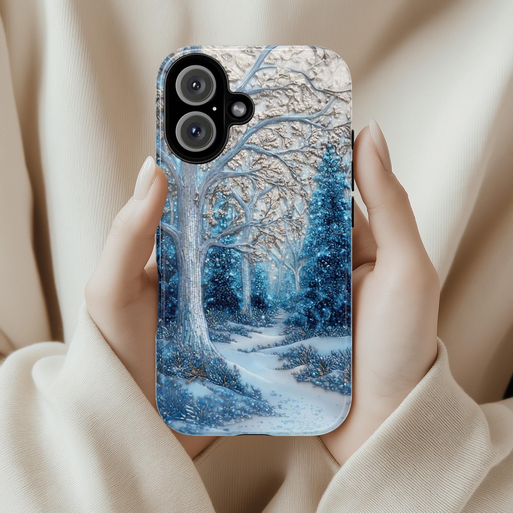 Winter Forest Phone Case,Cozy Holiday Mosaic Snowy Landscape, Frosty Woods Case for iPhone 17 16 15 Tough or Magsafe, Samsung, 481.6