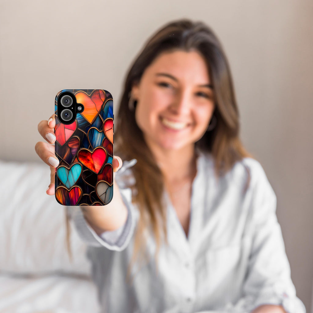 Stained Glass Hearts Phone Case, Valentines Day 3D Design, Perfect for Valentines Day Gift, Artistic Case for iPhone Magsafe, Samsung, 462.2