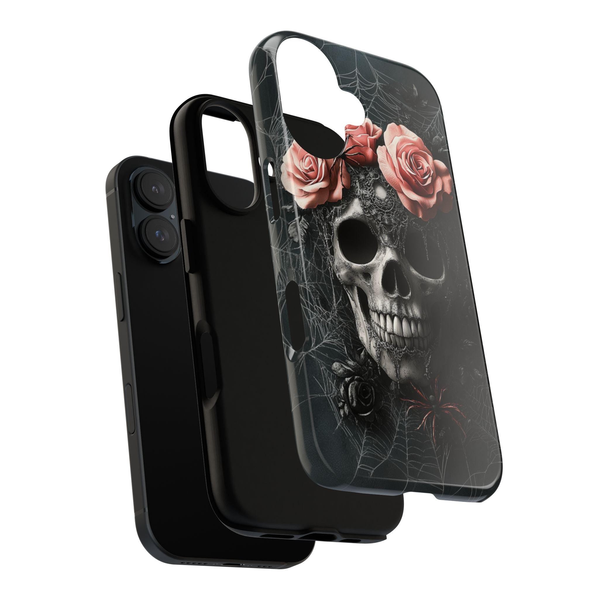 Dark Gothic Pink Roses & Skull Phone Case, Dark Fantasy Art Design, Spider Webs Phone Case for iPhone 16, Samsung S25, Pixel 9, 465.3