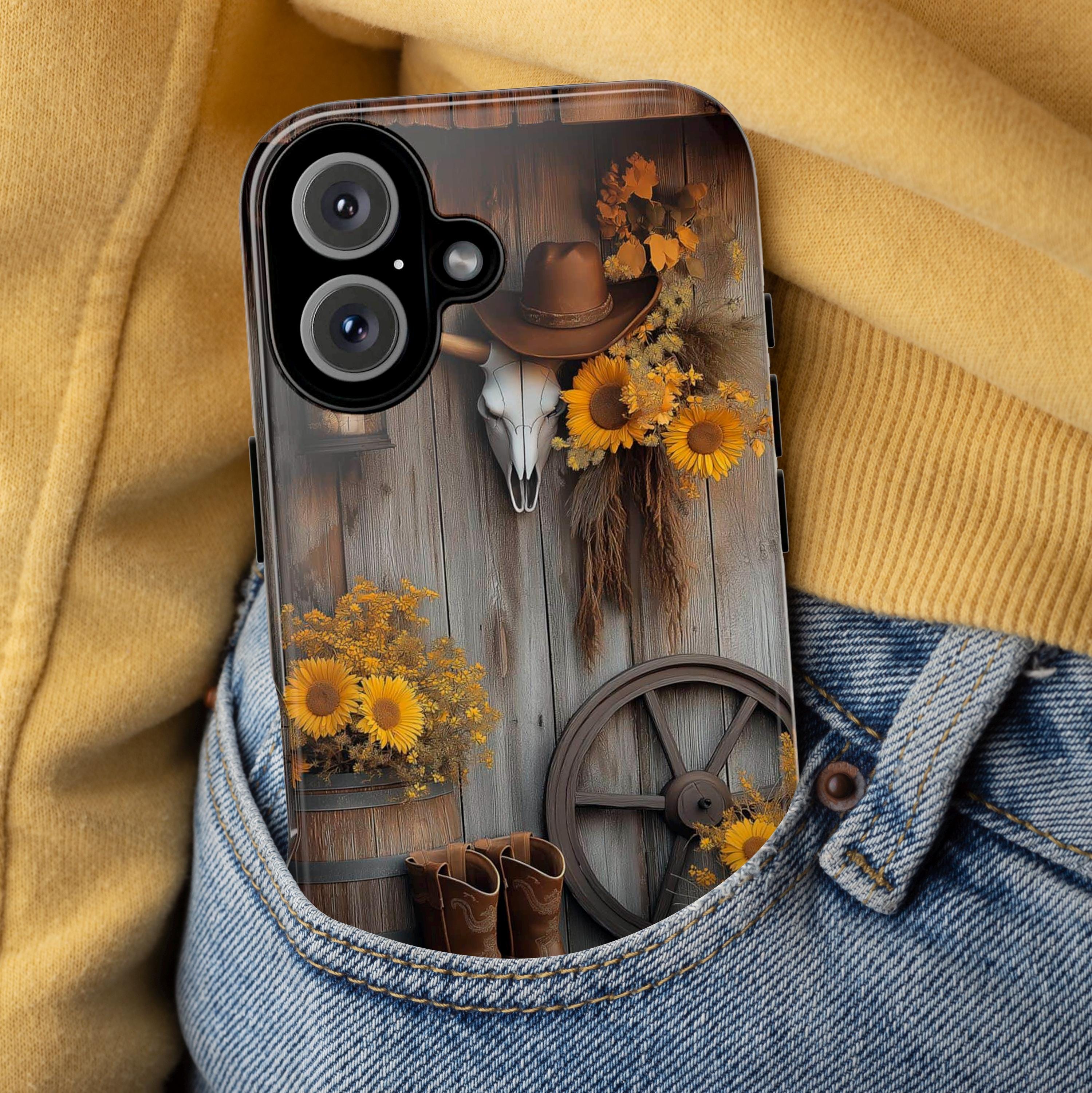 Rustic Western Style Phone Case, Sunflower Phone Case, Cow Skull Vintage Farmhouse Phone 16 15 14 13 Pro Max Plus, Samsung S24, 460.1