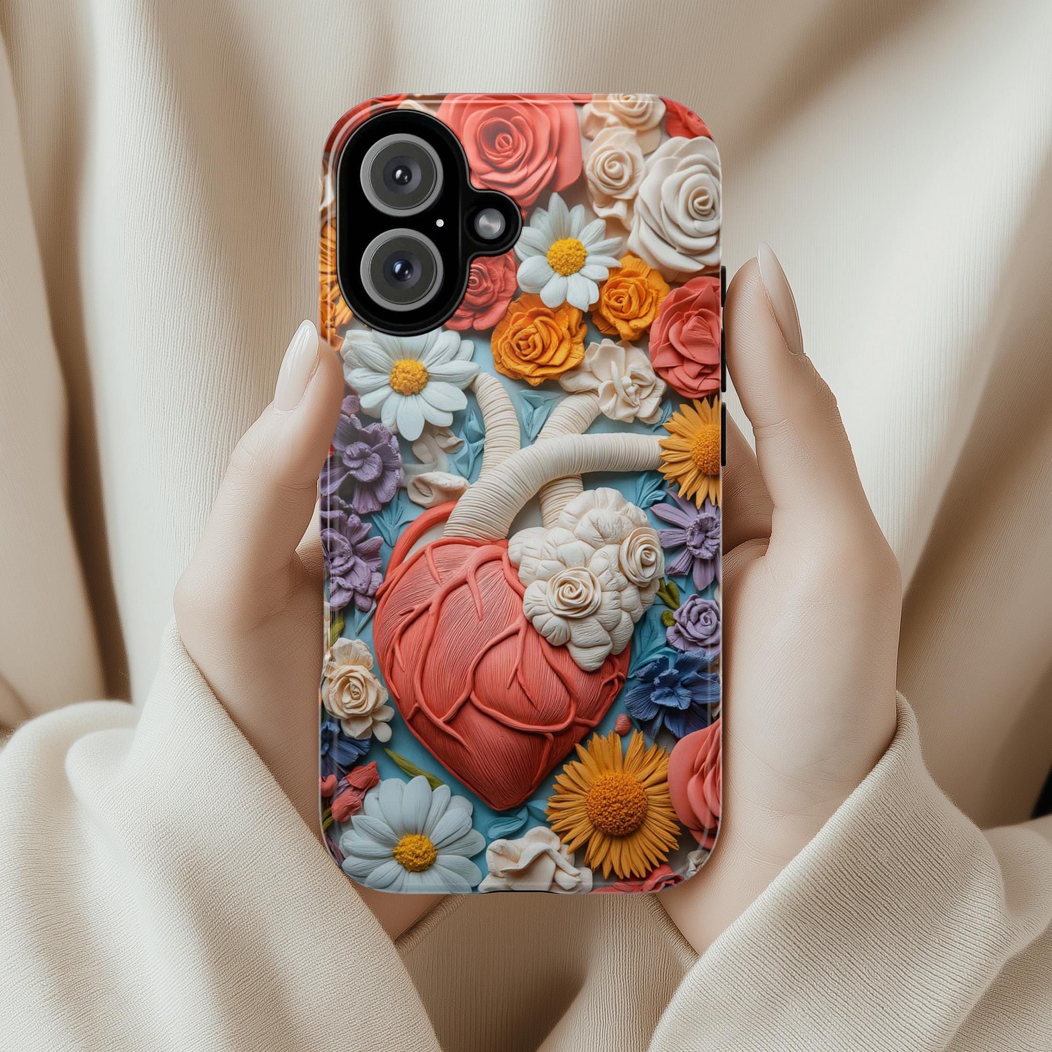 3D Floral Anatomy Heart Phone Case, Anatomical Art Design, Floral Human Cover for iPhone 16 15 14 13 Magsafe or Tough Case, Galaxy, 435.1