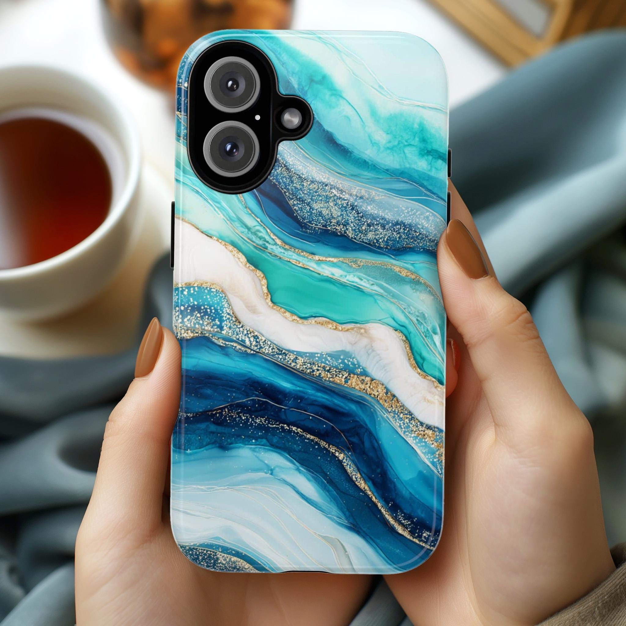 Turquoise White Agate Phone Case with Cracked Stone Texture | Elegant Gemstone Cover for iPhone 16 15 Tough or Magsafe, Samsung, 479.4