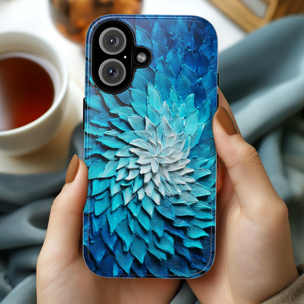 Ocean Blue Dahlia Phone Case, 3D Painted Floral Effect, Artistic Design for iPhone 16 15 14 13 Tough or Magsafe, Samsung, 476.15