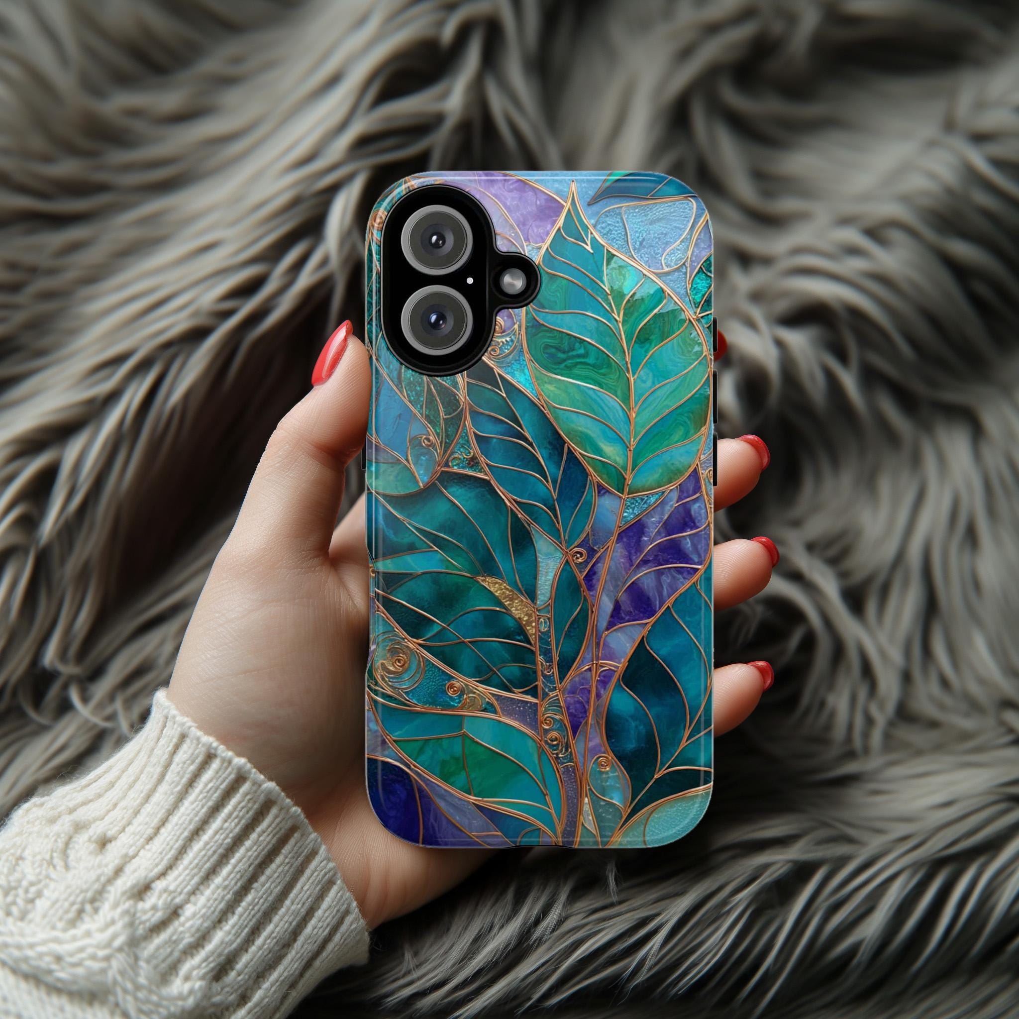 Green and Blue Leaf Phone Case with Gold Accents, Stained Glass Effect Artistic Nature Botanical Phone Cover for iPhone & Samsung, 478.7