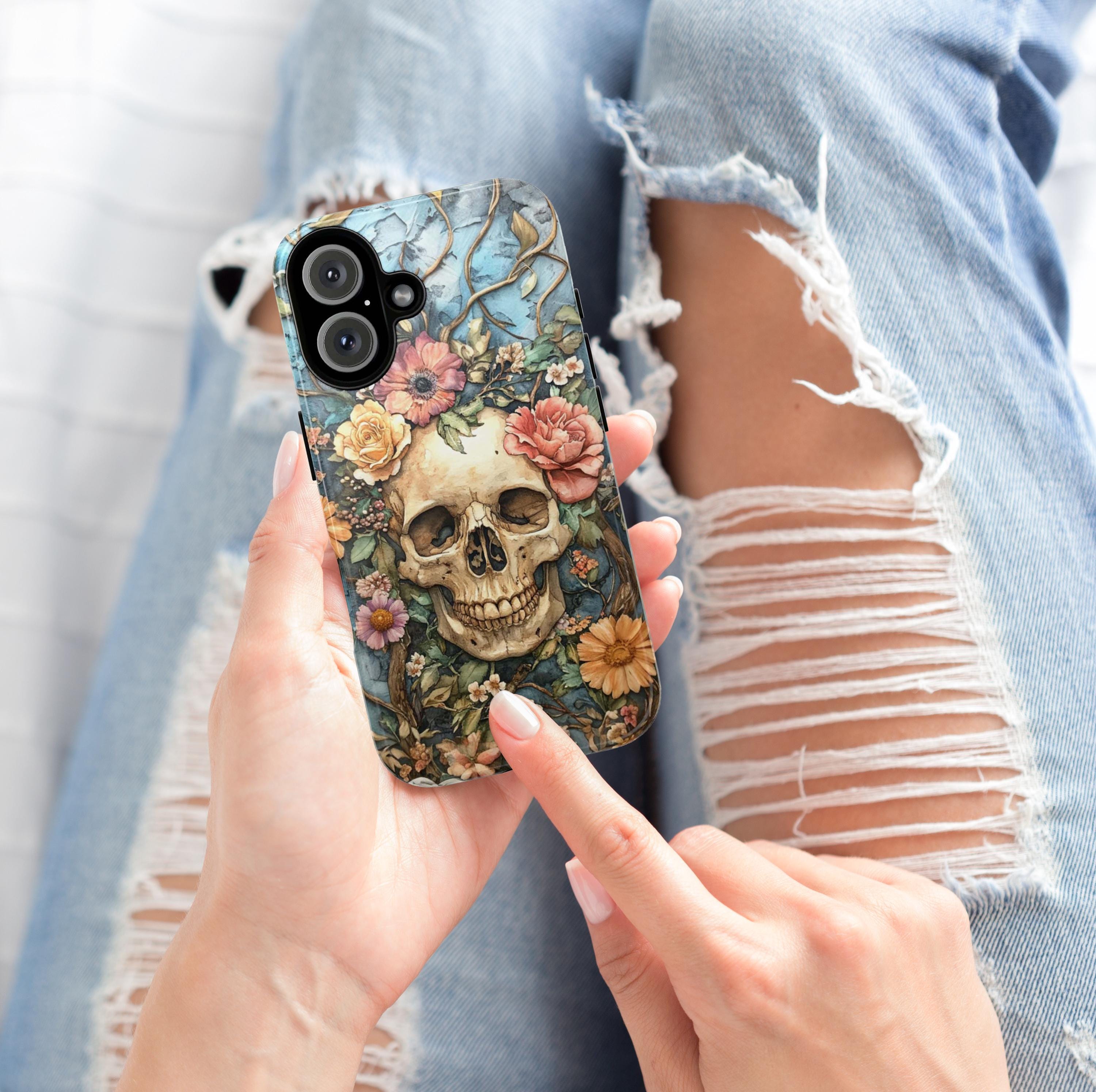 Anatomy Floral Skeleton Dia de los Muertos Phone Case, Anatomical Art Flowers & Skeleton Phone Cover for iPhone 16, Samsung S24, 435.6