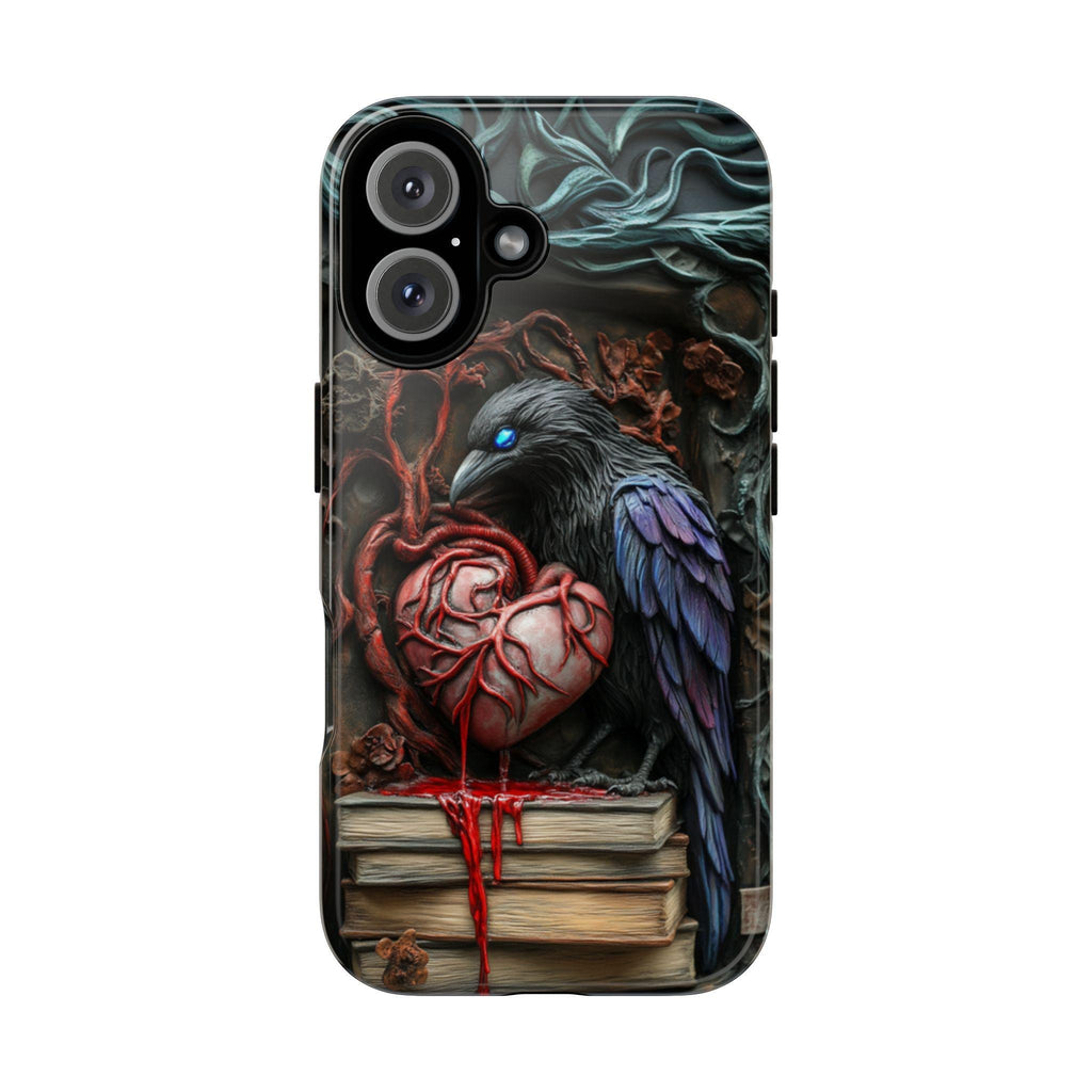 3D Raven, Books and Heart Dark Gothic Phone Case, Dark Academia Mystical Cat Phone Cover for iPhone 16, 15, 14, Samsung Galaxy, 423.7