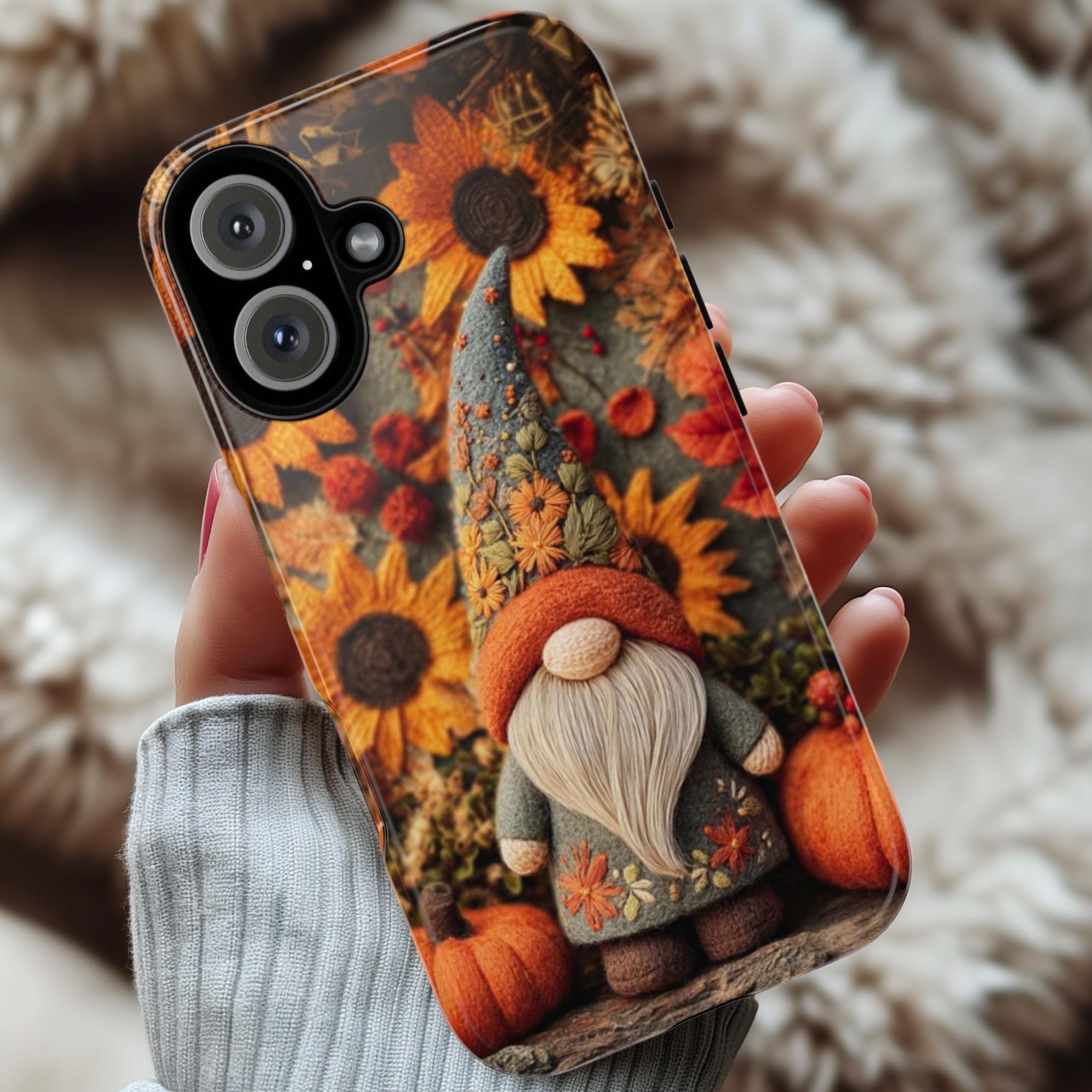 Fall Gnome Embroidery Phone Case with Felted Pumpkin | Cozy Autumn  Cute Gnome Cover for iPhone 16 15 Tough or Magsafe, Samsung, 452.16