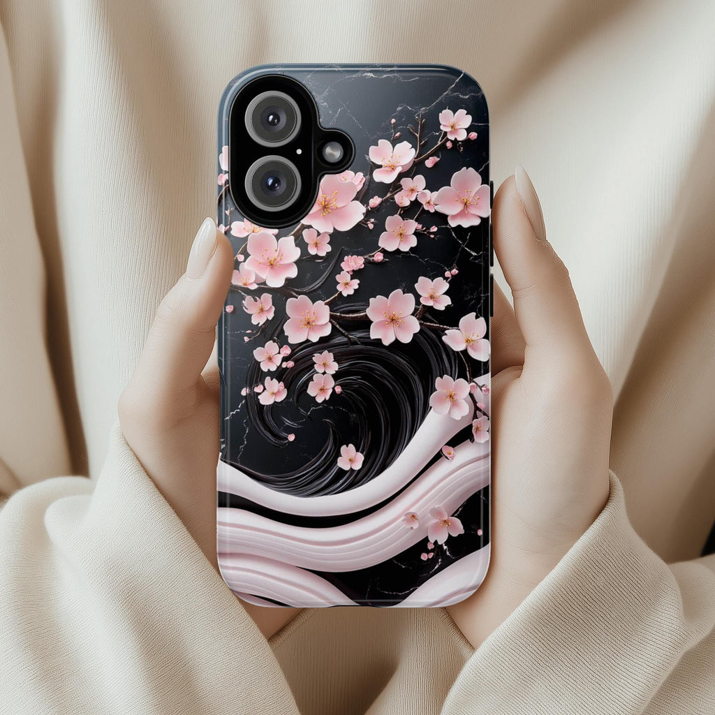 Pink Cherry Blossom 3D Elegant Phone Case, Black Pink Japanese Art Cover, Floral Sakura Case for iPhone 16 15 14 Magsafe, Samsung S25, 469.5