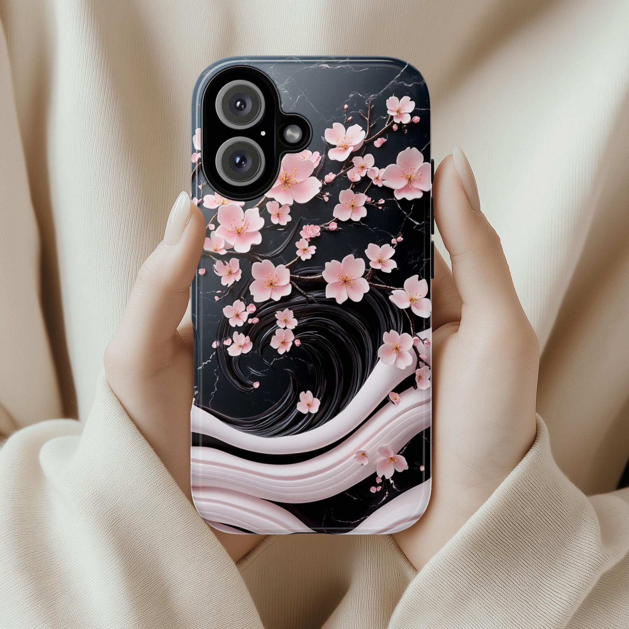 Pink Cherry Blossom 3D Elegant Phone Case, Black Pink Japanese Art Cover, Floral Sakura Case for iPhone 16 15 14 Magsafe, Samsung S25, 469.5