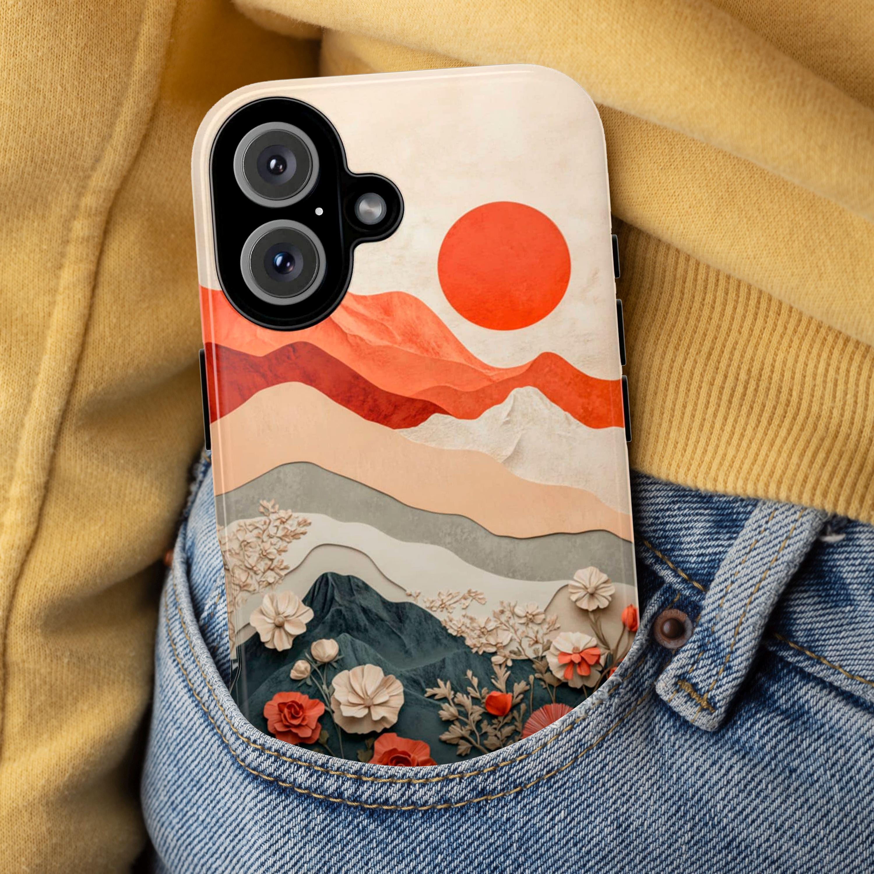 Paper Art effect Mountain Sunset & Floral Phone Case, Nature Landscape Lover Phone Cover for iPhone Tough or MagSafe, Samsung, 473.8