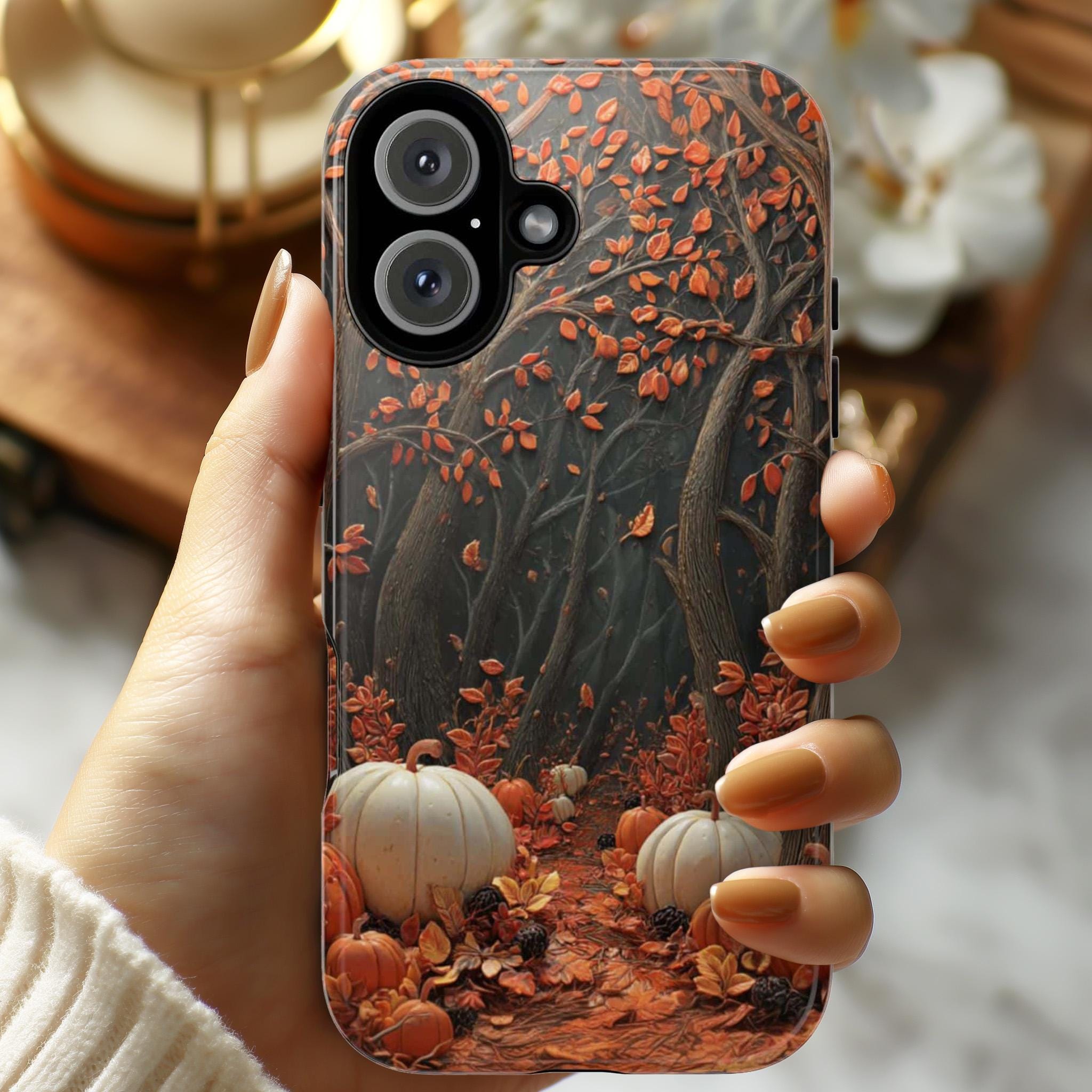 Autumn Woodland Pumpkin Phone Case | Cozy Seasonal Fall Forest Nature Cover for iPhone 16 15 Tough or Magsafe, Samsung, 475.29
