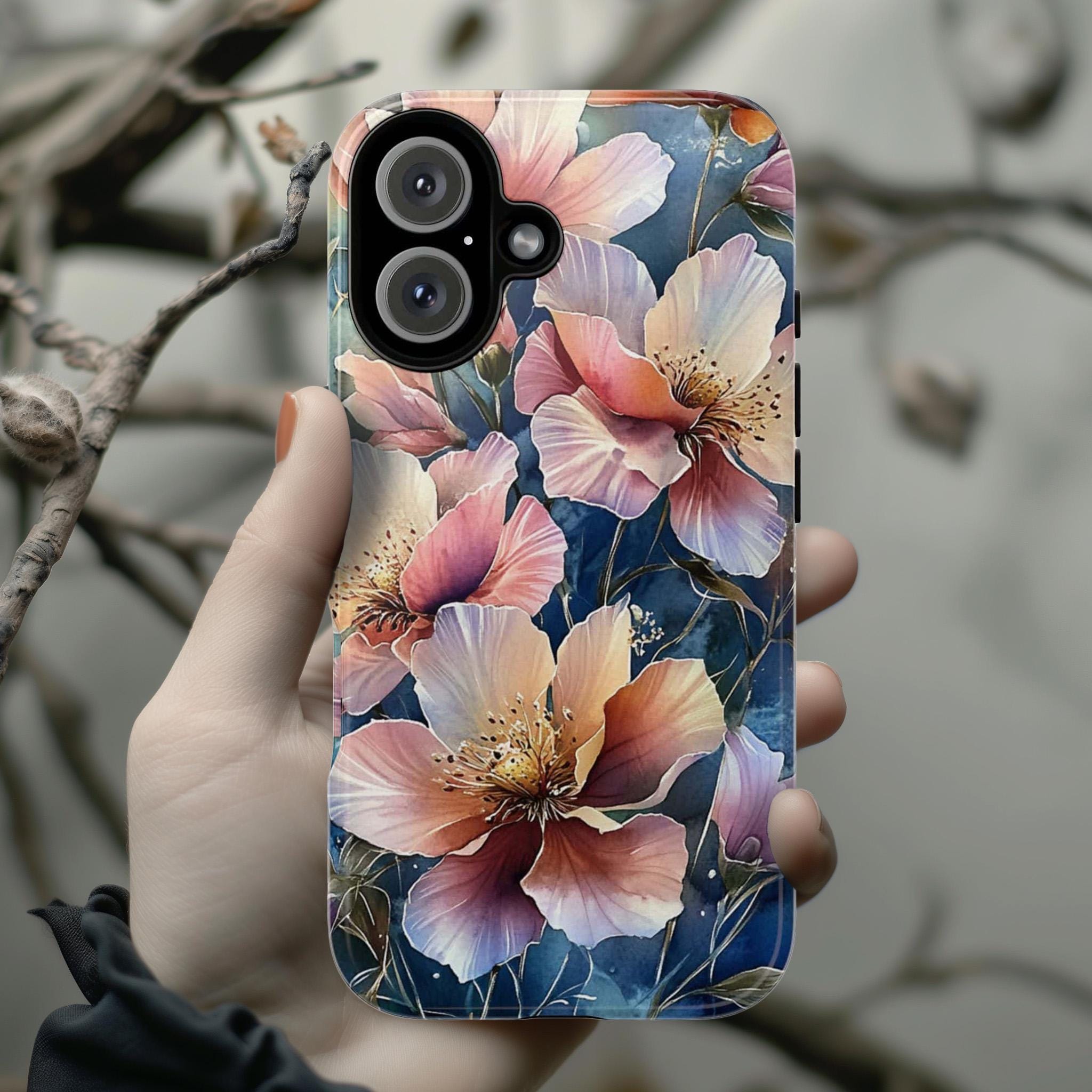 Vintage Style Phone Case, Pink Lilies Design Phone Cover, Feminine & Elegant Accessory for iPhone Tough or Magsafe, Samsung, 476.9
