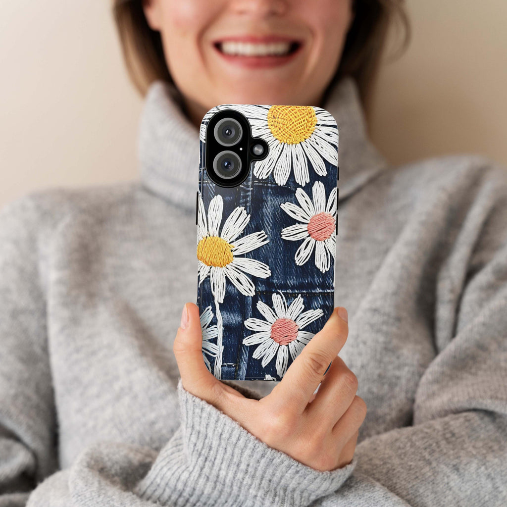 Embroidered Style Daisies on Denim Texture Phone Case, Floral Phone Cover for iPhone 16 Tough or Magsafe, Pixel 9, Samsung S25, 349.1