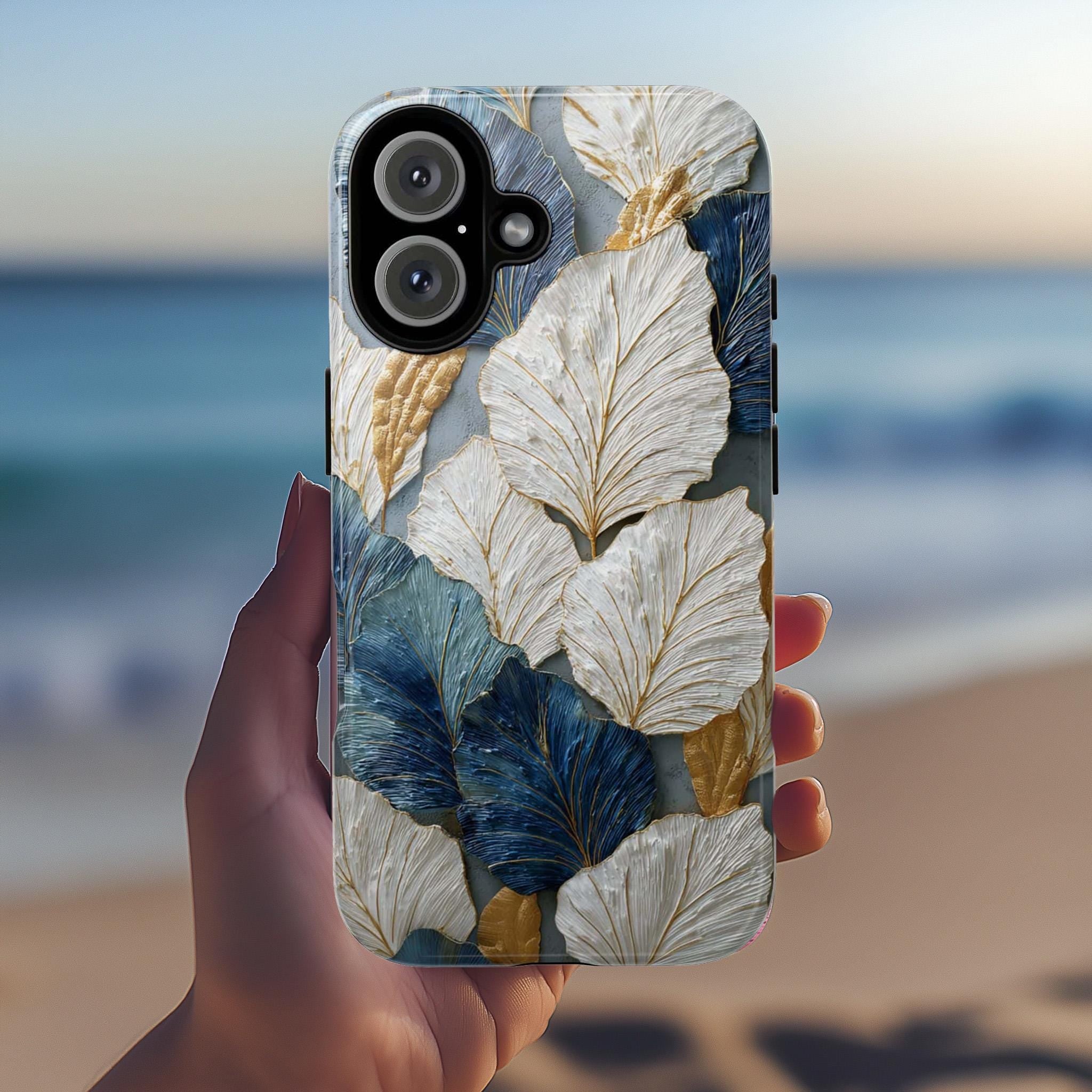 Rustic Leaves Phone Case with 3D Painted Effect, White & Blue Nature Artistic Botanical Cover for iPhone Tough or Magsafe, Samsung, 476.21