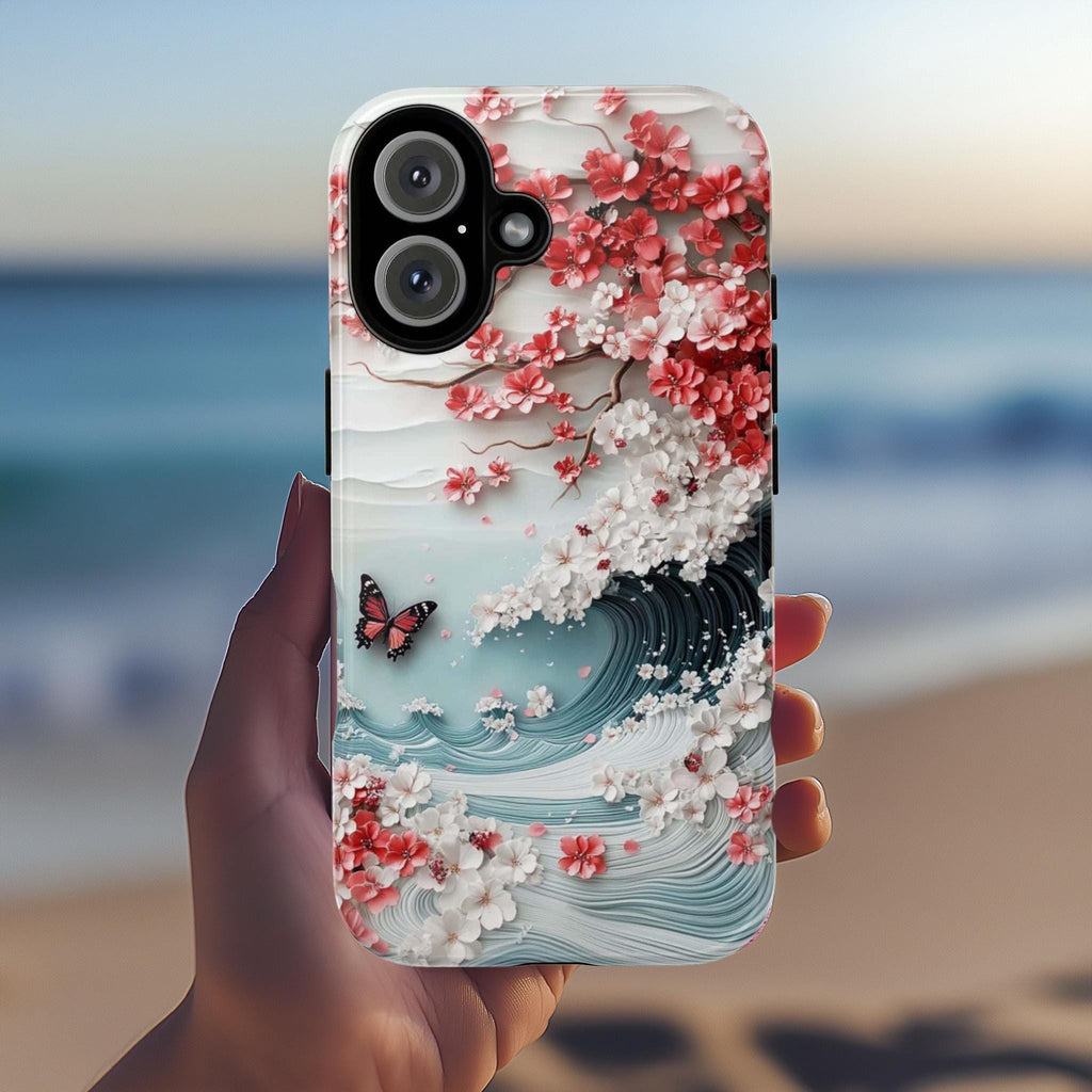 Japanese Cherry Blossom Wave Phone Case, 3D effect Floral & Butterfly Art Design for iPhone 16 15 14 Tough or Magsafe, Samsung S25, 469.7