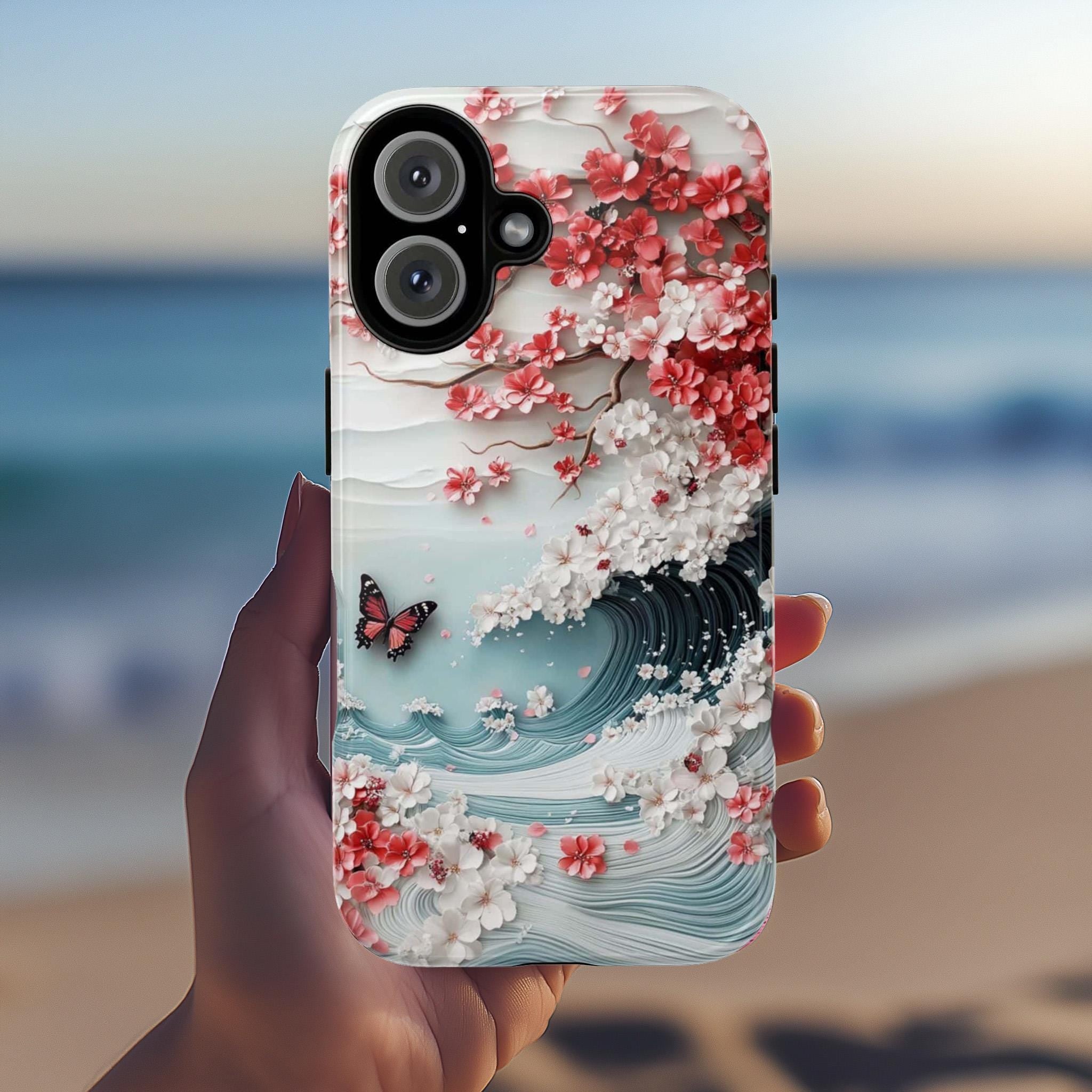 Japanese Cherry Blossom Wave Phone Case, 3D effect Floral & Butterfly Art Design for iPhone 16 15 14 Tough or Magsafe, Samsung S25, 469.7