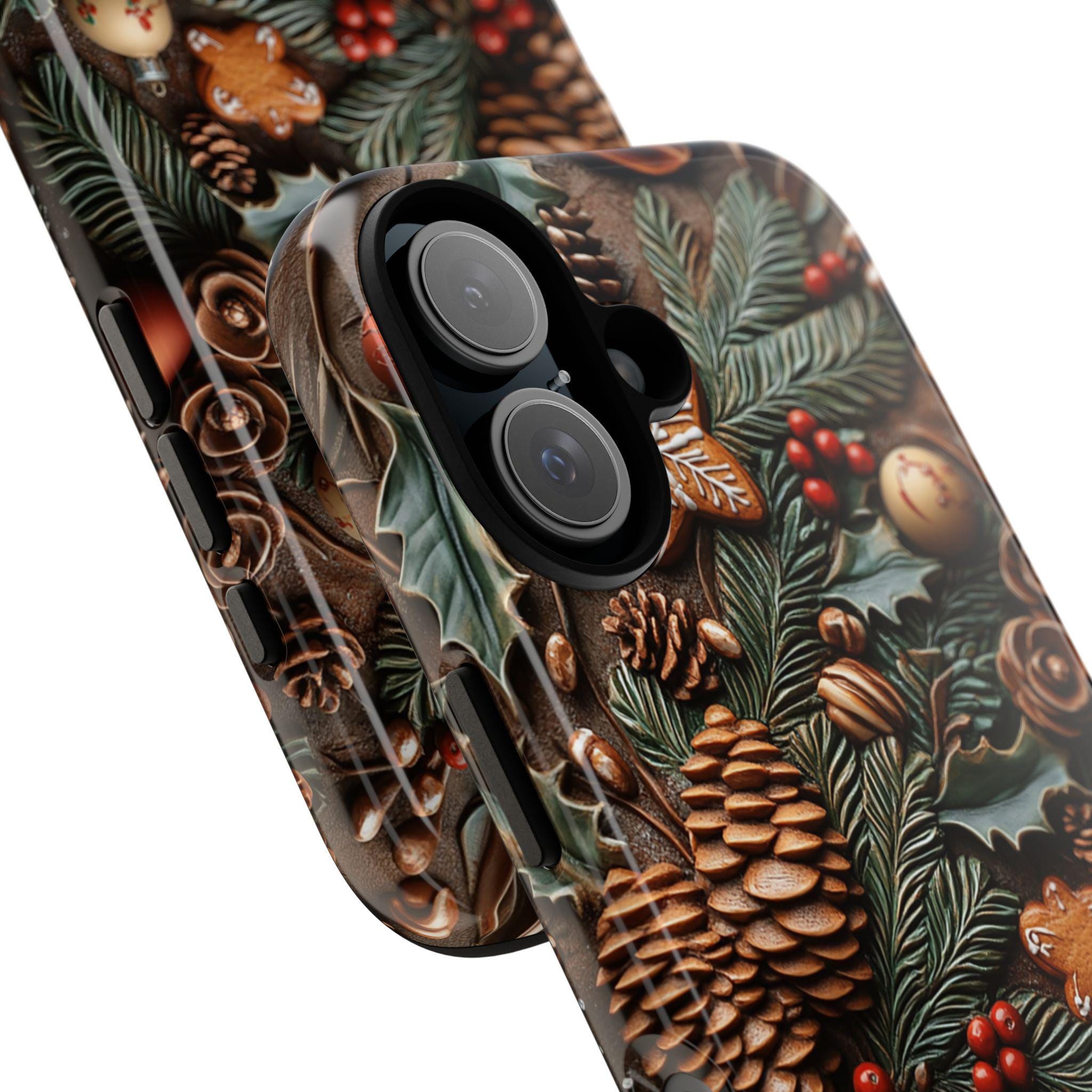 Pine Cone 3D Christmas Phone Case, Holiday Pine and Berry Design MagSafe for iPhone 16 15 14 13 Pro Max Plus, Samsung S25, Pixel 9, 433.3