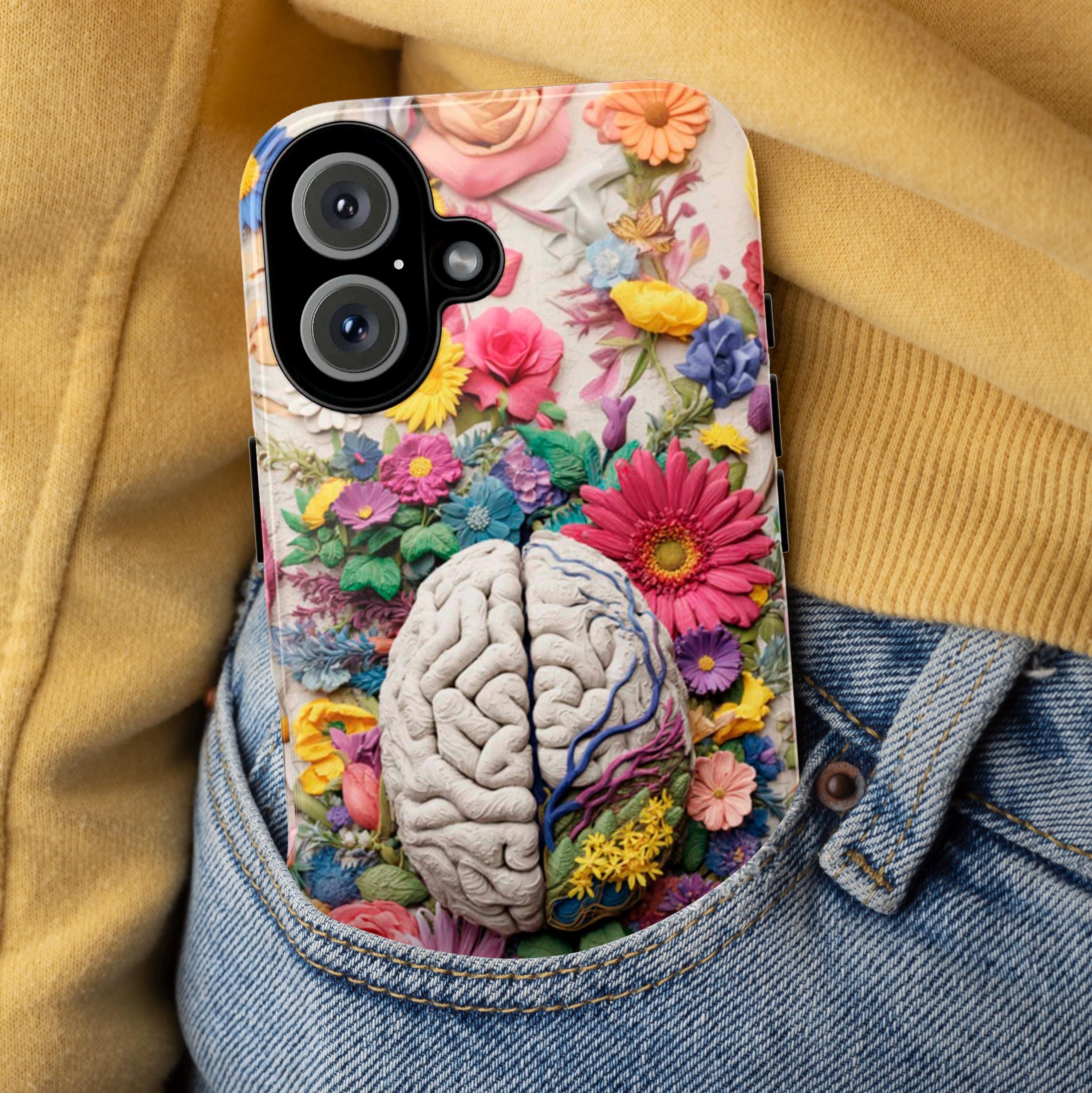 Pastel Anatomical Brain Phone Case, Botanical Meadow Florals | Medical Science Art Case for iPhone 17 16 Tough or Magsafe, Samsung, 430.5