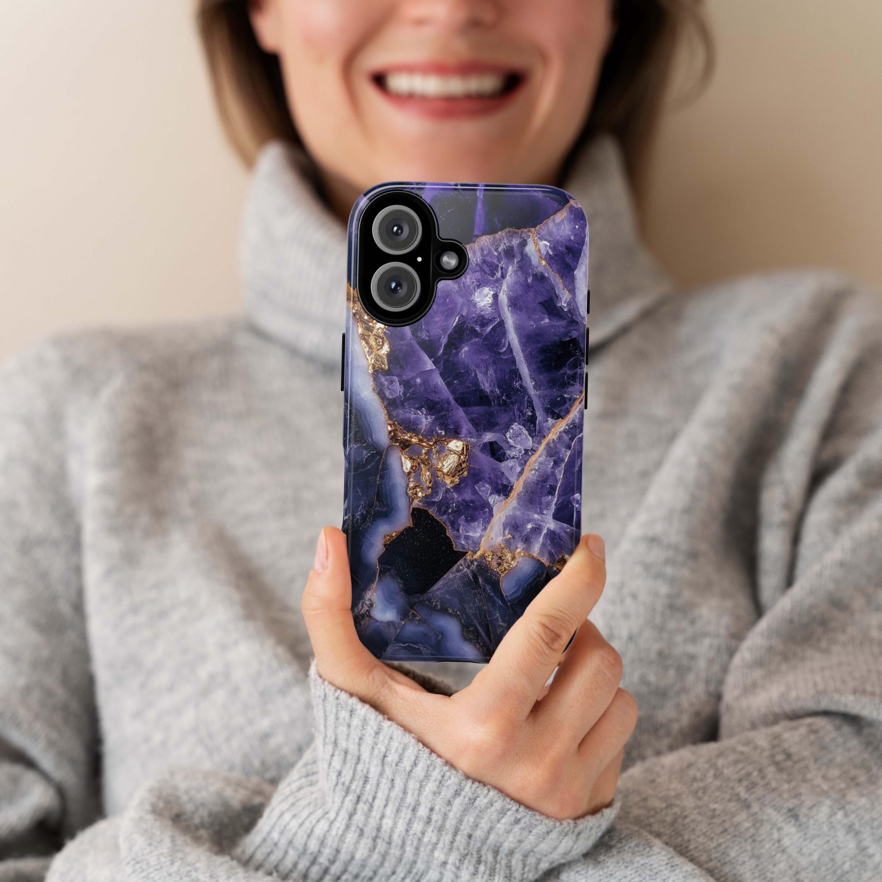Purple Mineral Amethyst Phone Case with Gold, Aesthetic Lilac Amethyst Cover, Elegant Protective Cover for iPhone & Android Devices, 438.7
