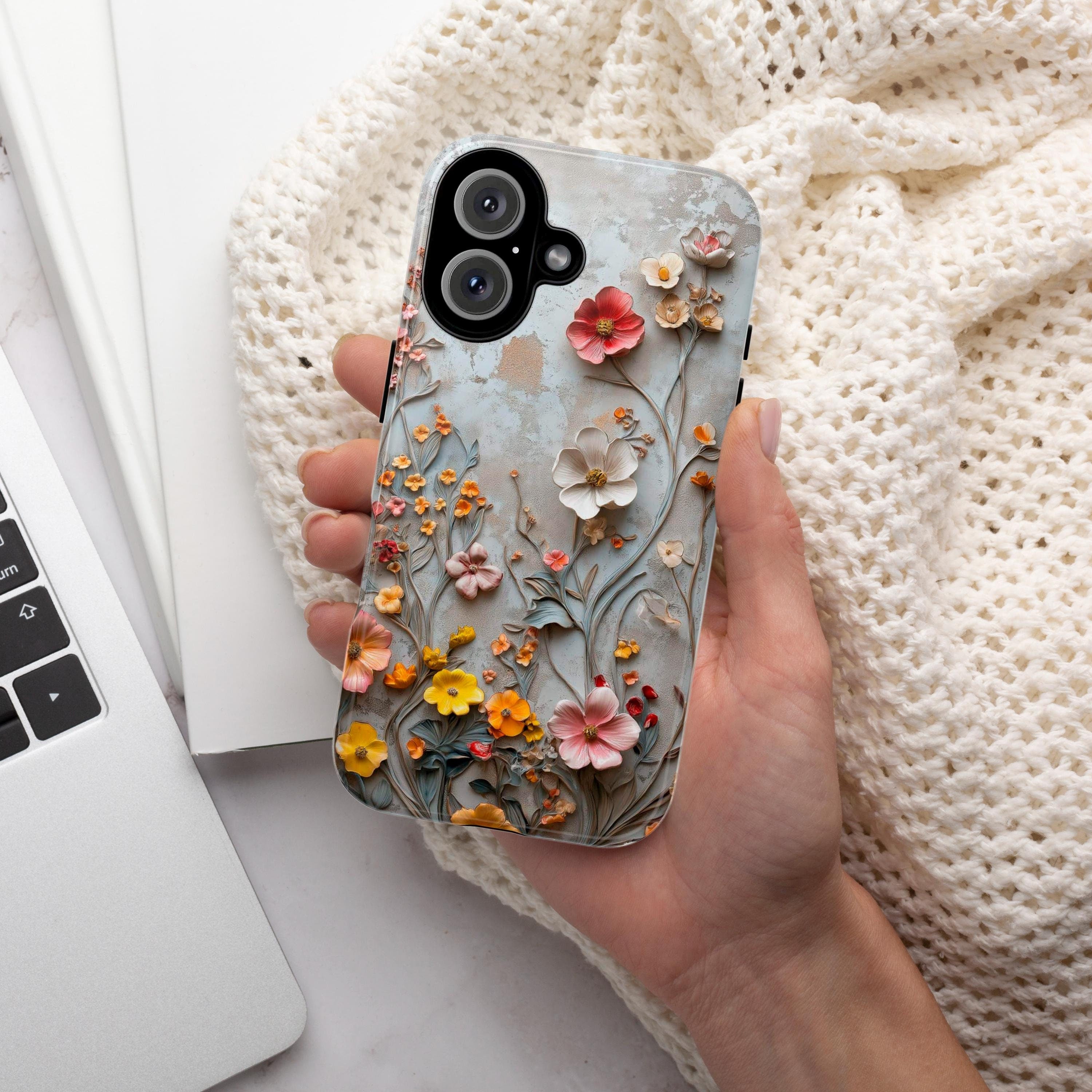 3D Meadow Floral Phone Case, Pastel Wildflowers Design, Cottagecore Style Fine Art Phone Case for iPhone 16 15 14 13 / Samsung S24, 439.16