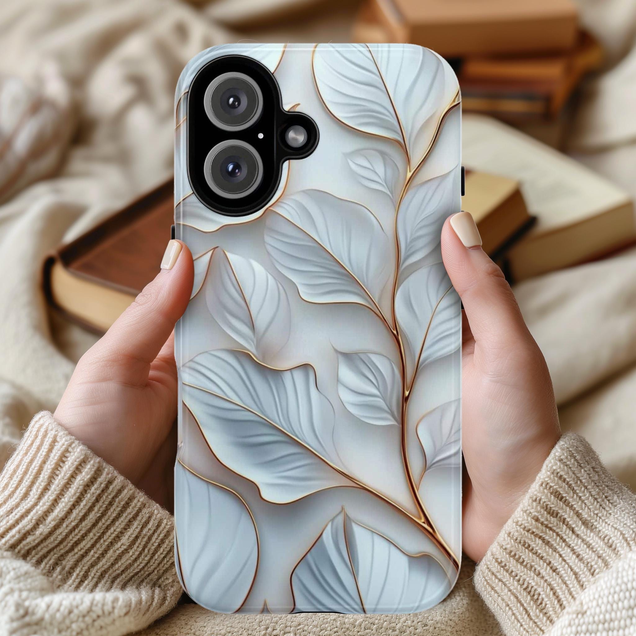 White and Gold Leaves Phone Case, Plant Lover Gift, 3D White Leaf Elegant Case for iPhone 16 15 14 13 Magsafe Pro Max, Samsung S25, 418.28