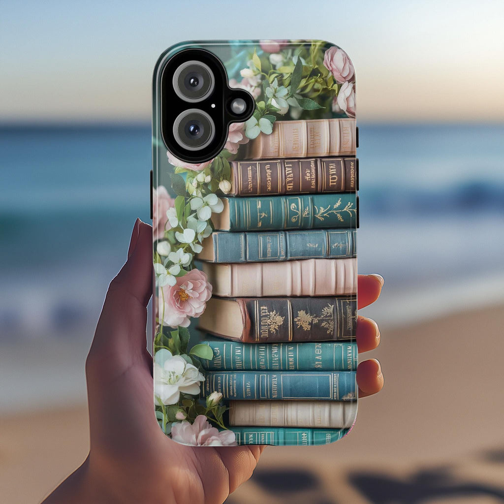 3D Books and Floral Phone Case, Pastel Literary Art Phone Case, Bookworms Gift Phone Cover for iPhone Magsafe, Samsung, 423.15