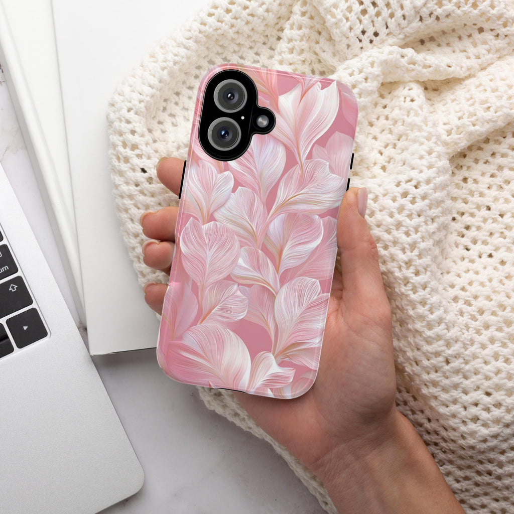 Elegant 3D Pastel Leaves Phone Case in Pale Pink | Stylish Nature Floral Phone Cover for iPhone 16 15 Tough or Magsafe, Samsung, 476.35