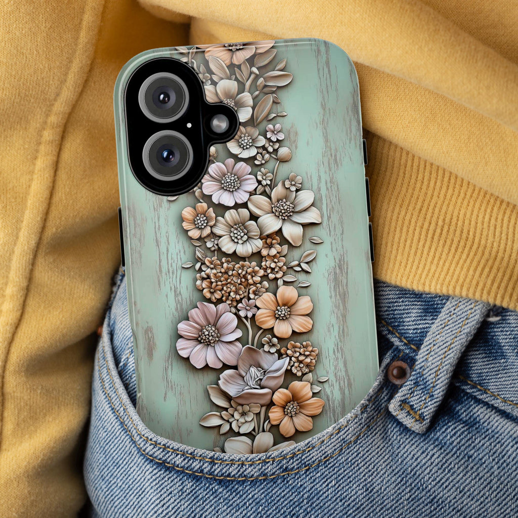 3D Rustic Beige Floral Phone Case, Pastel Artistic Wood Carved Look Design for iPhone 16 15 14 13 Tough or Magsafe, Samsung S24, 439.15