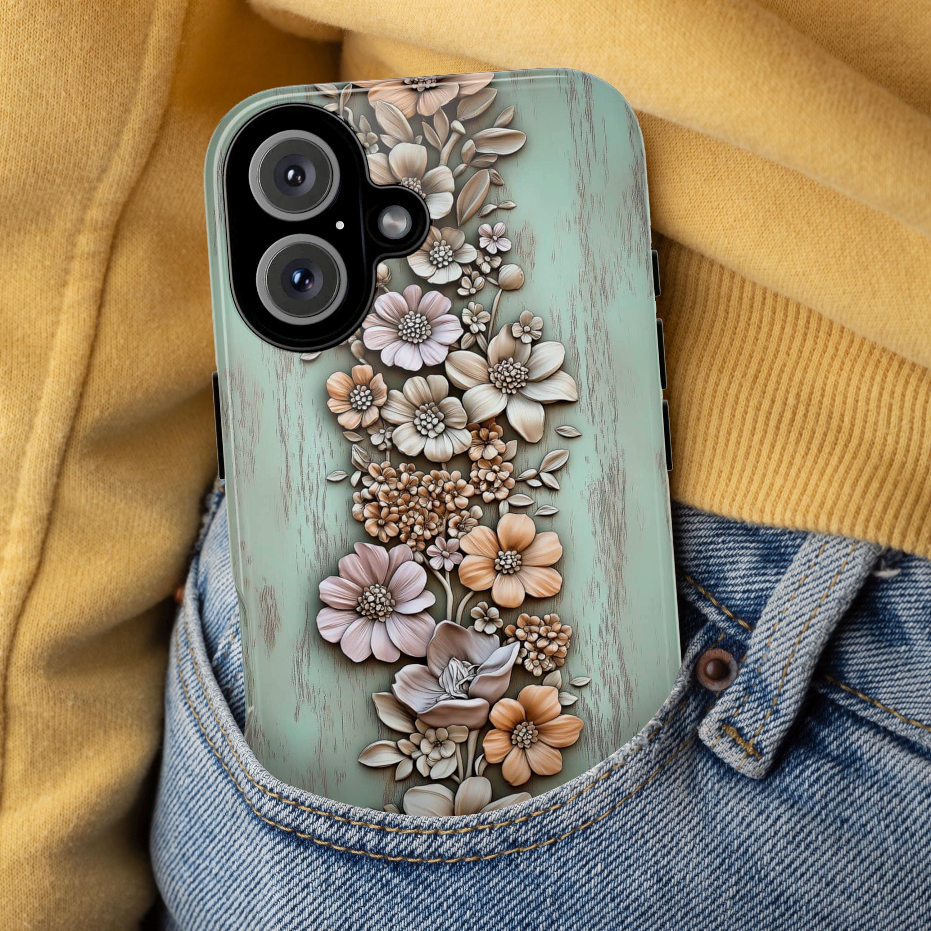 3D Rustic Beige Floral Phone Case, Pastel Artistic Wood Carved Look Design for iPhone 16 15 14 13 Tough or Magsafe, Samsung S24, 439.15