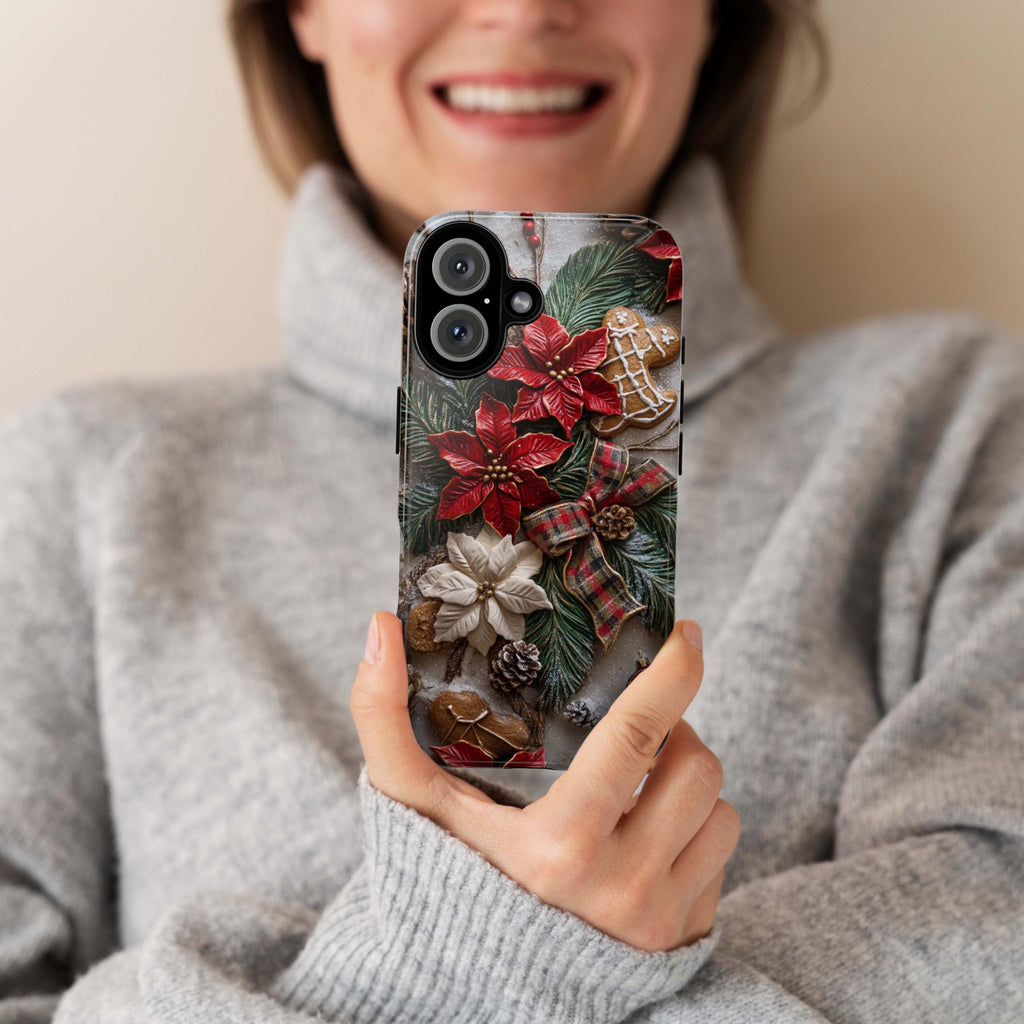 Xmas 3D Poinsettia Floral Phone Case, Holiday Red Green Brown light glitter effect for iPhone 16 15 14 13 Magsafe Plus, Samsung S24, 437.3