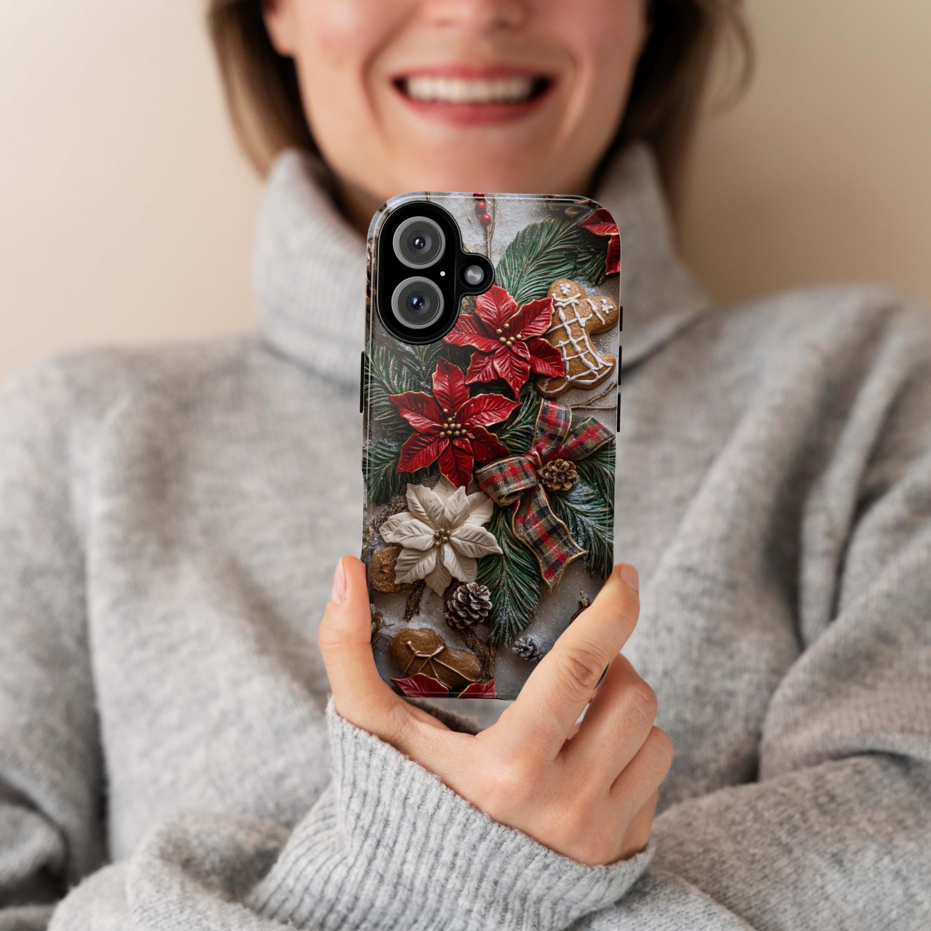 Xmas 3D Poinsettia Floral Phone Case, Holiday Red Green Brown light glitter effect for iPhone 16 15 14 13 Magsafe Plus, Samsung S24, 437.3