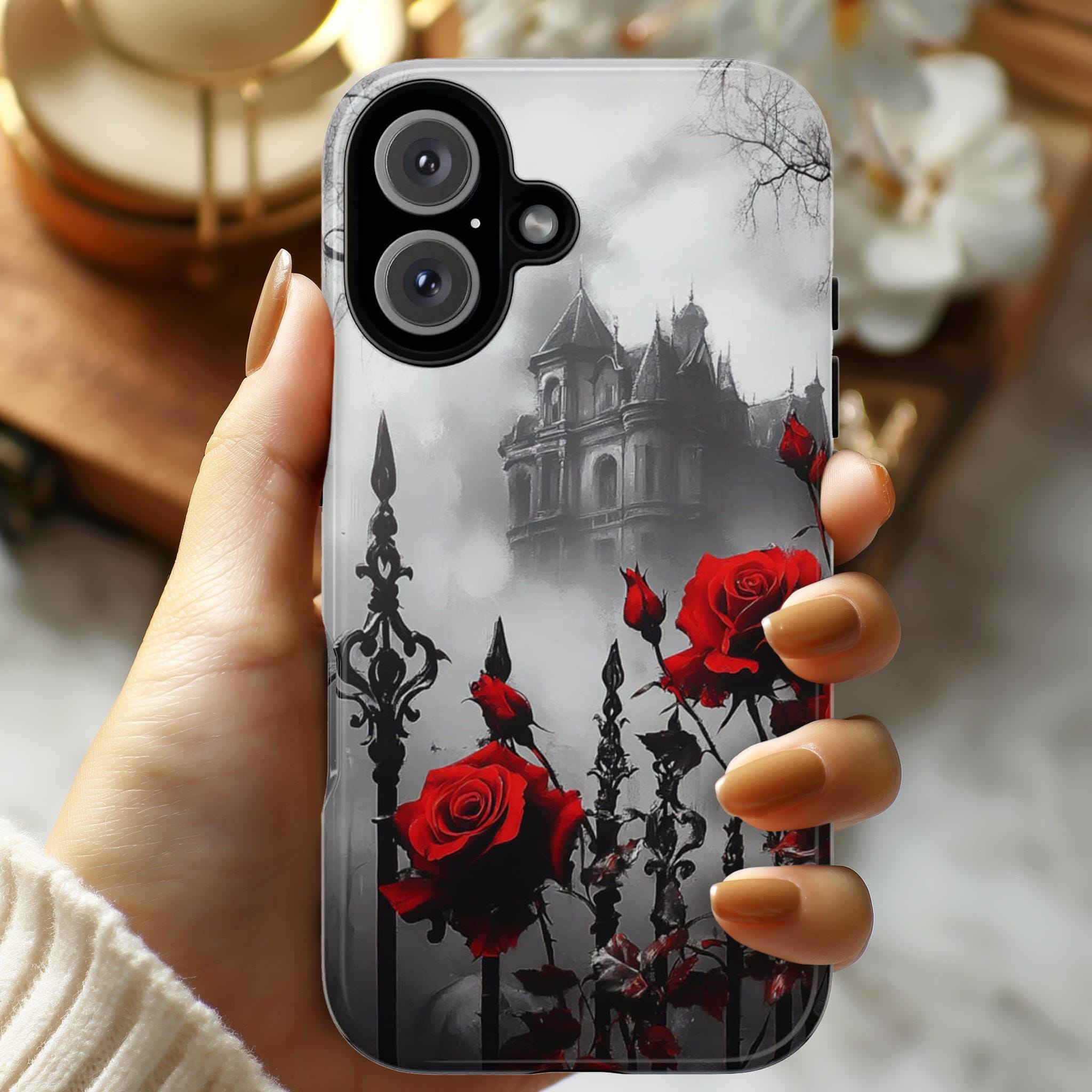 Gothic Castle & Red Roses Floral Fantasy Art, Dark Aesthetic Design, Elegant Gothic Accessory for iPhone 16, Samsung S25, Pixel 9, 463.4
