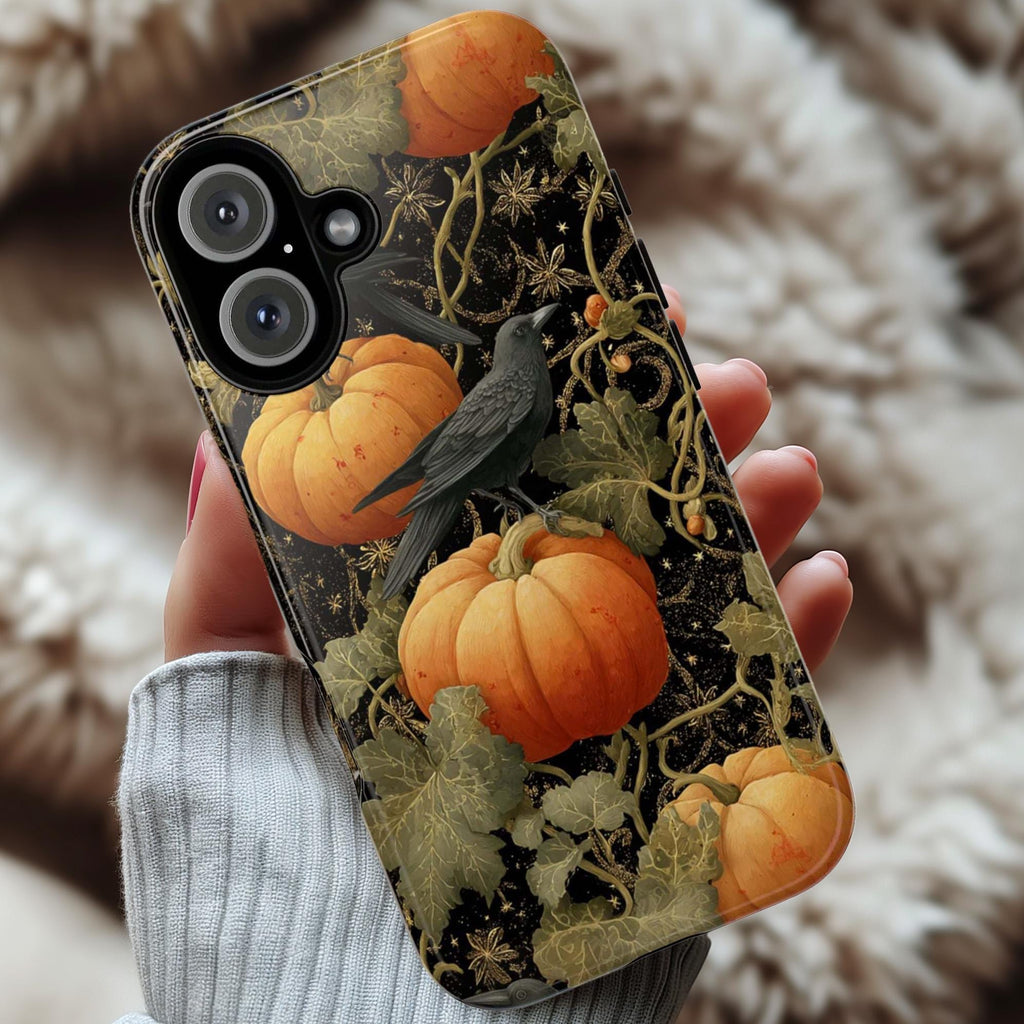 Halloween Phone Case, Pumpkins & Crows with Vine Tendrils Cover, Gothic Fall Vibes for iPhone 16 15 14 Tough or Magsafe, Samsung, 475.10