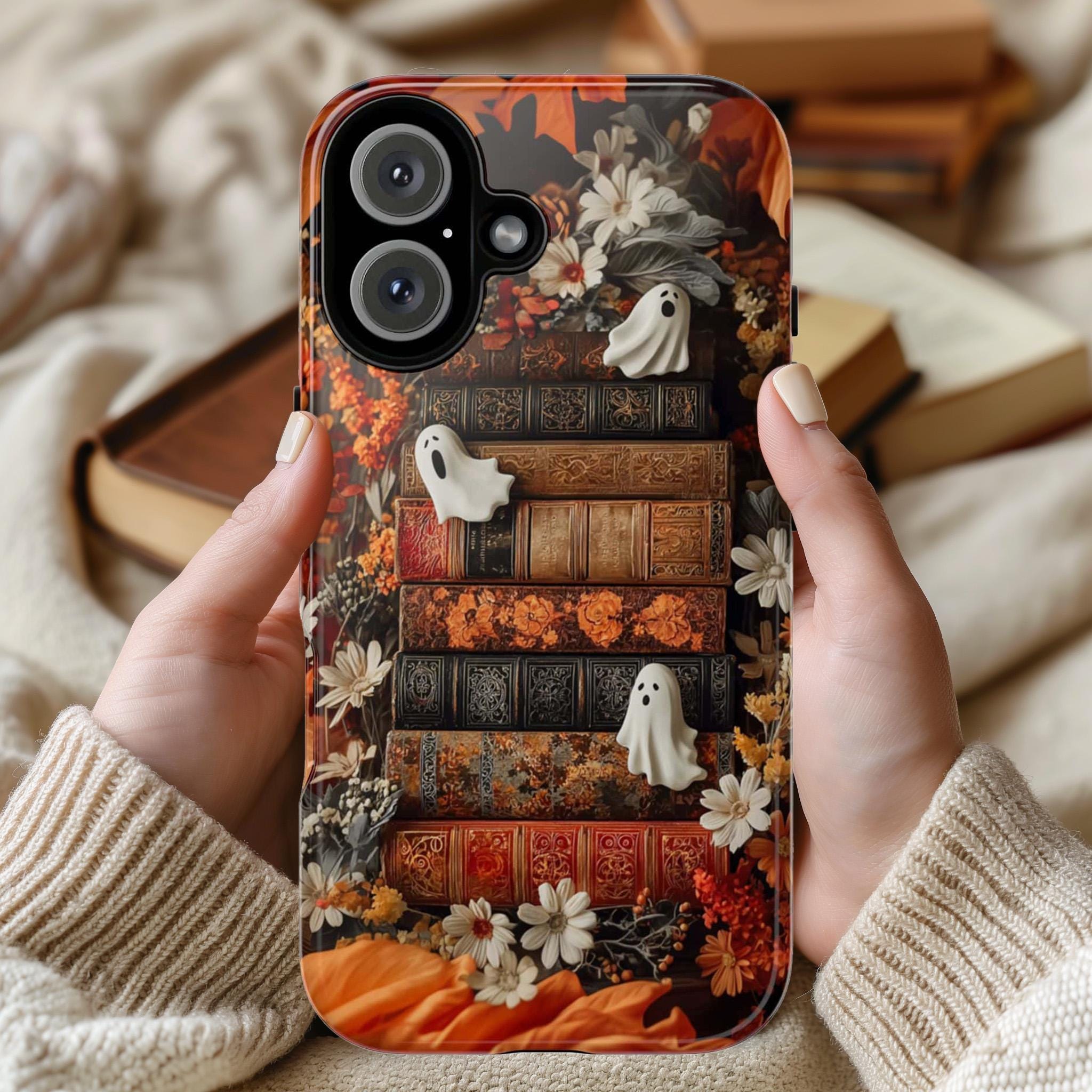 Cute Ghosts & Bookshelf Phone Case | Autumn Halloween Floral Case, Cozy Spooky Cover for iPhone 16 15 Tough or Magsafe, Samsung, 475.24