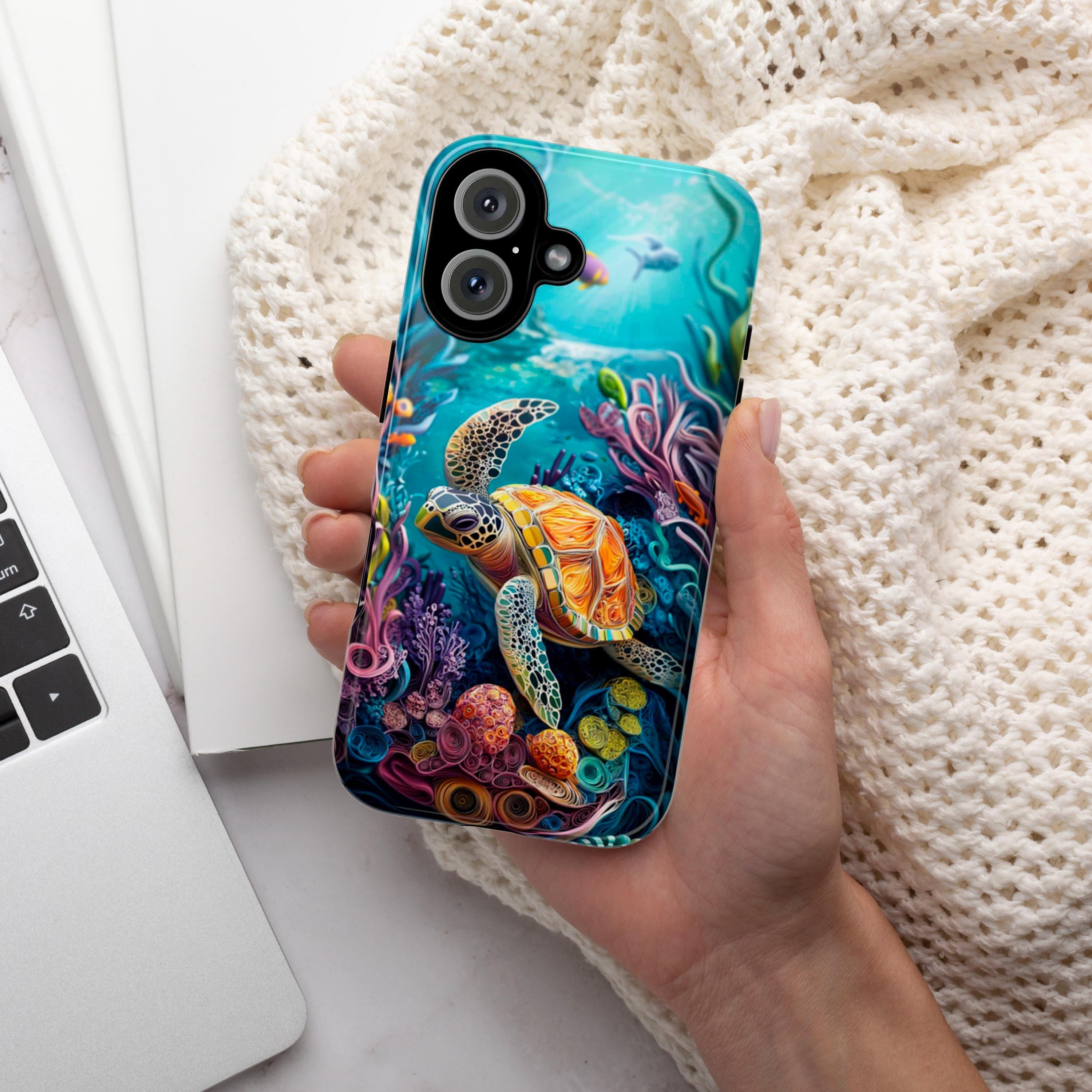 Colorful Sea Turtle Phone Case, Marine Life Design, Vibrant Ocean Art Lovers Case for iPhone 16 15 14 13 Magsafe, Samsung S25, 455.13