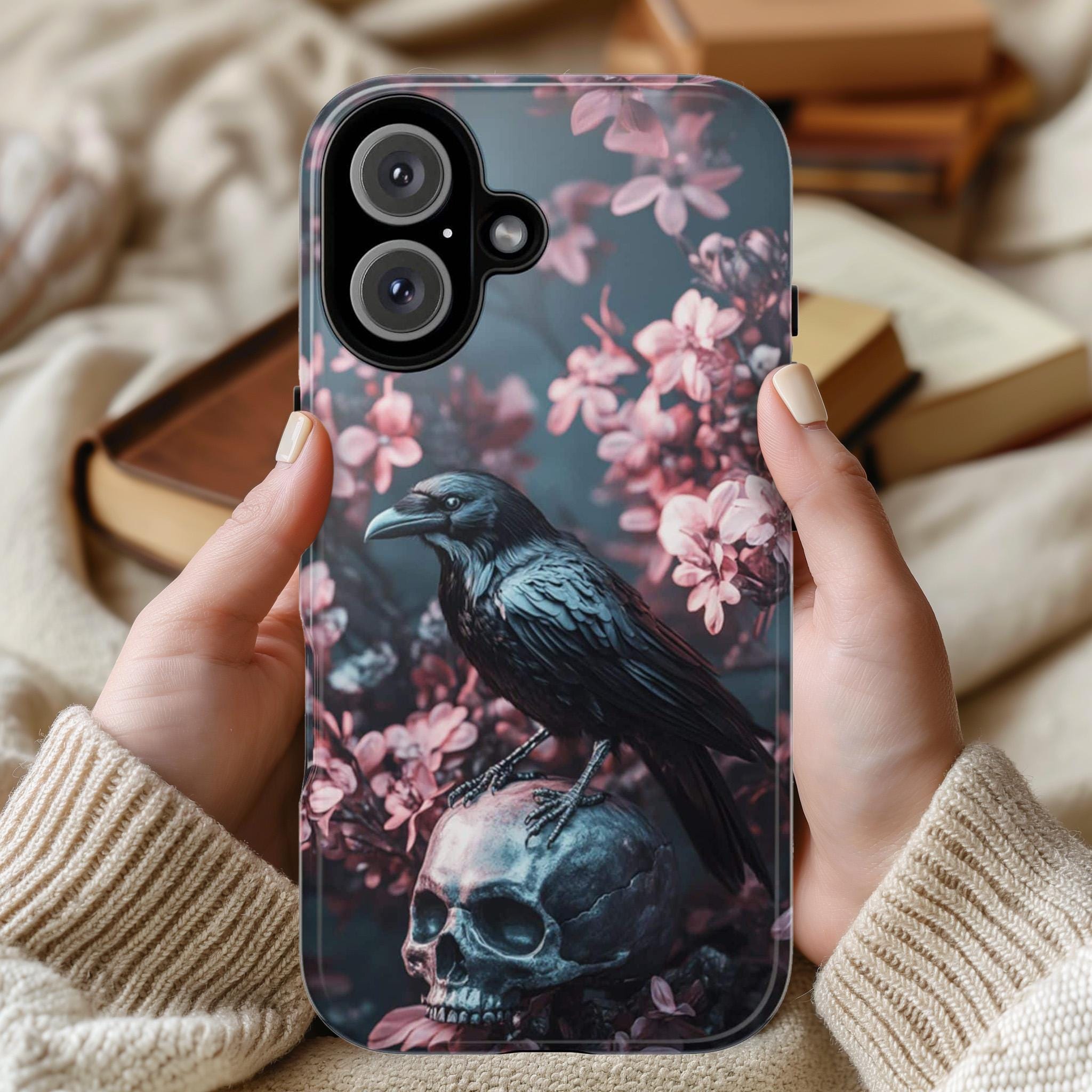 Dark Gothic Raven and Skull Phone Case, Pink Floral Design Phone Case for iPhone 16,15 Magsafe, Samsung Galaxy S25, Pixel 9, 422.11