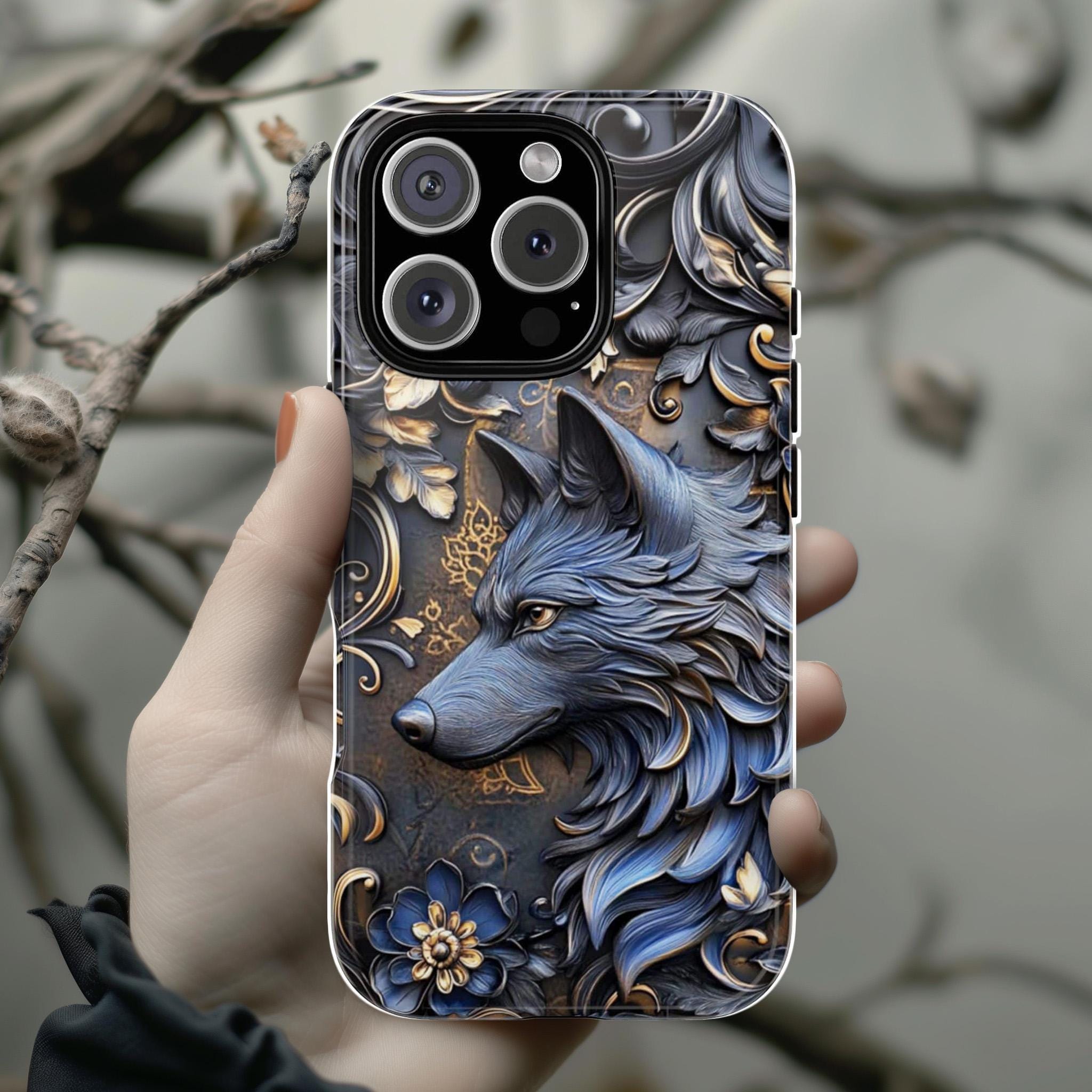 3D Dark Gothic Fantasy Wolf Phone Case, Gothic Floral Phone Cover for iPhone 16 15 14 13 Pro Magsafe Samsung Galaxy S24, 465.2