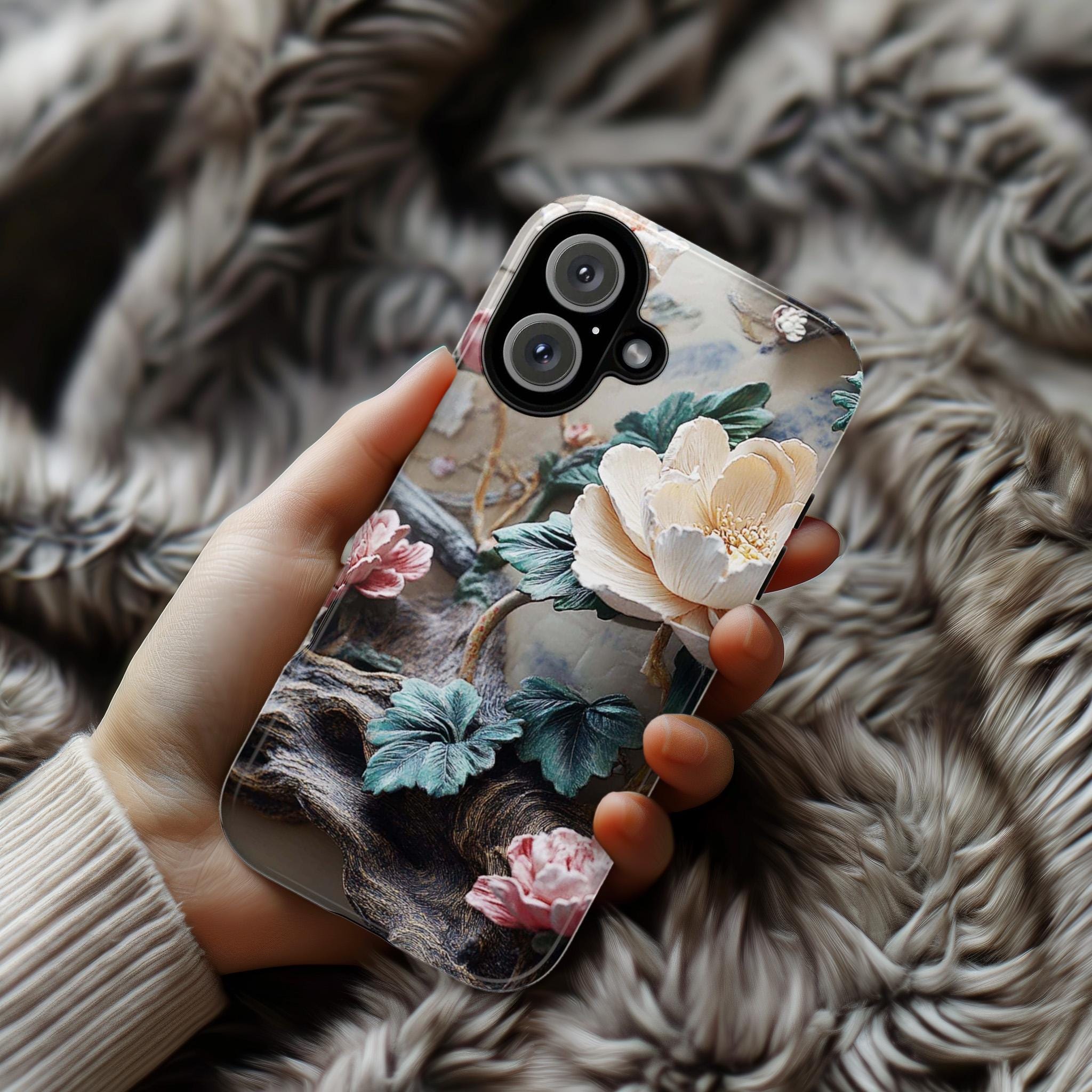 Gothic Botanical Phone Case, 3D Floral Design & Dark Elegance, Pastel Flowers Case for iPhone 16 15 14 13 Tough or Magsafe, Samsung, 476.8