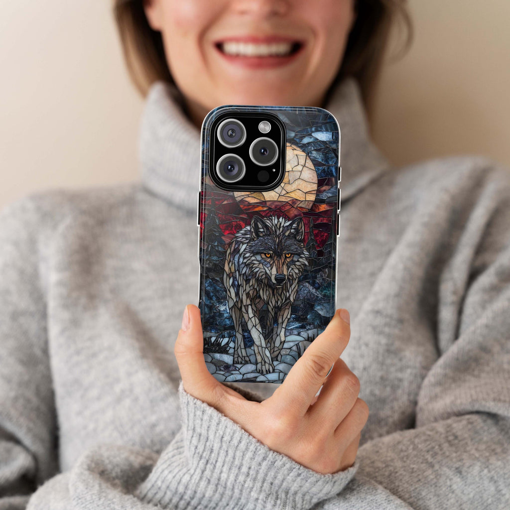 Stained Glass Fantasy Wolf Phone Case, Dark Gothic Phone Cover for iPhone 16 15 14 13 Tough or Magsafe Samsung Galaxy S24, 421.10