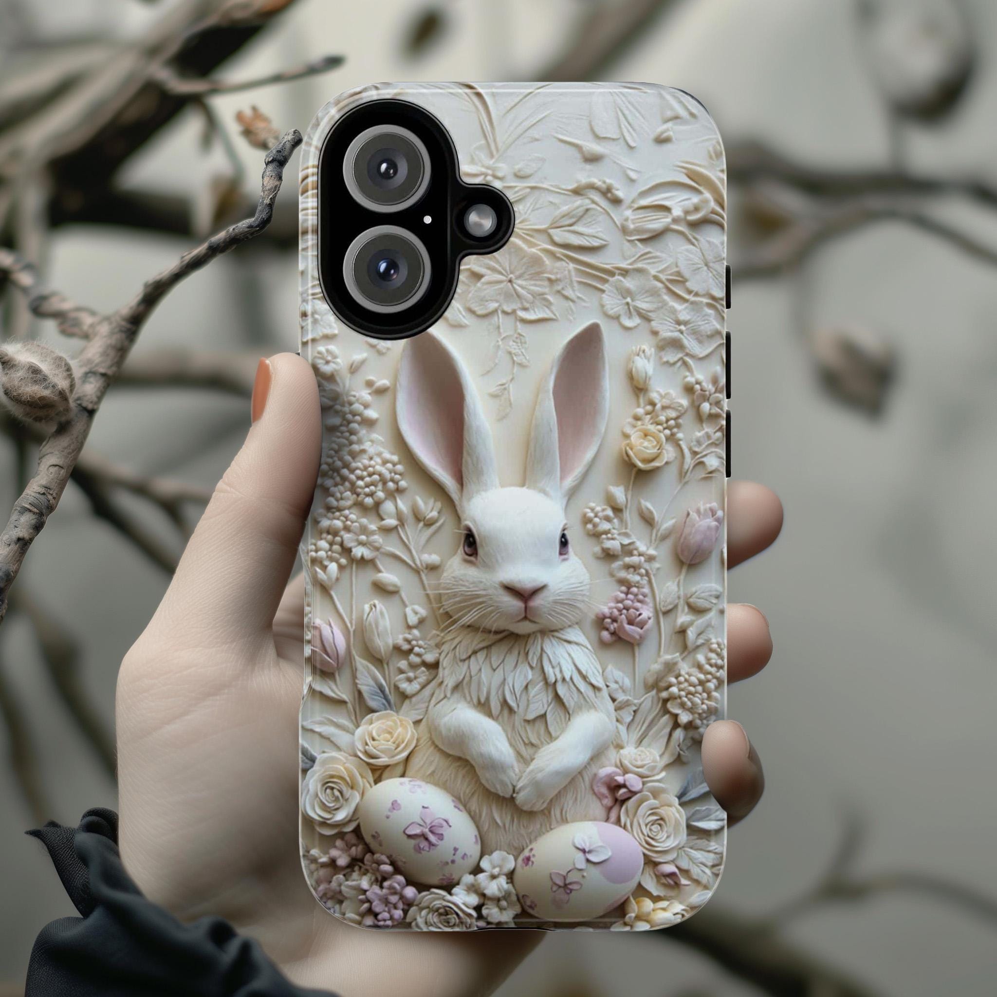 3D Easter White Bunny & Egges Phone Case, Spring Design, Cute Pastel Easter Rabbit Case for iPhone 16 15 14 13 Magsafe, Samsung S25, 464.2