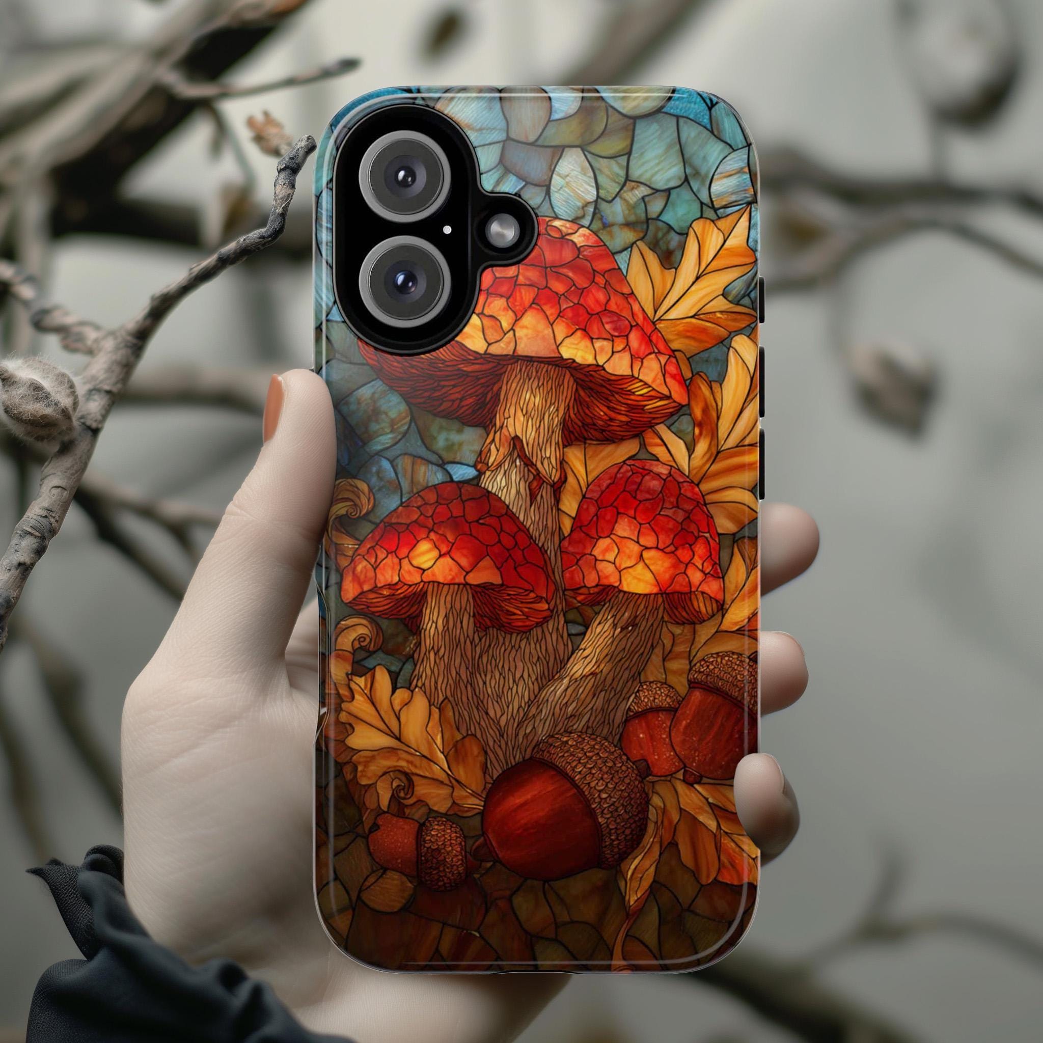 Stained Glass Mushroom Phone Case | Autumn Fall Forest Fungi Design, Cozy Woodland Cover for iPhone 16 15 Tough or Magsafe, Samsung, 478.11