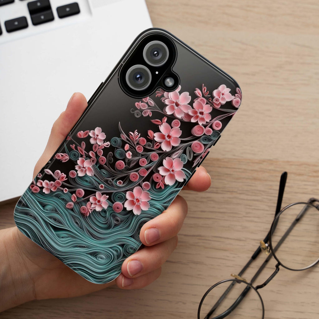 Pink Cherry Blossom Wave Phone Case, Floral Japanese Style Art, Sakura Flower for iPhone 16 15 14 Tough or Magsafe, Samsung S25, 469.9