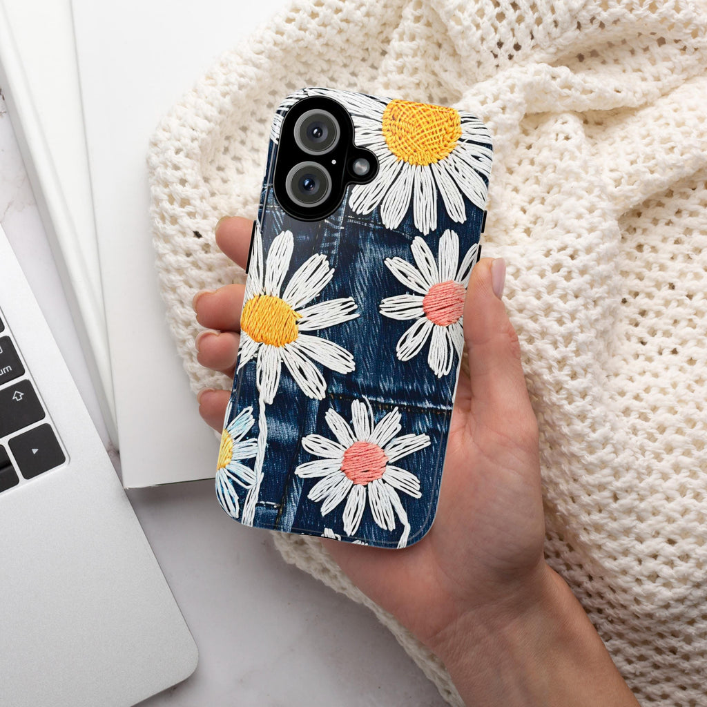 Embroidered Style Daisies on Denim Texture Phone Case, Floral Phone Cover for iPhone 16 Tough or Magsafe, Pixel 9, Samsung S25, 349.1