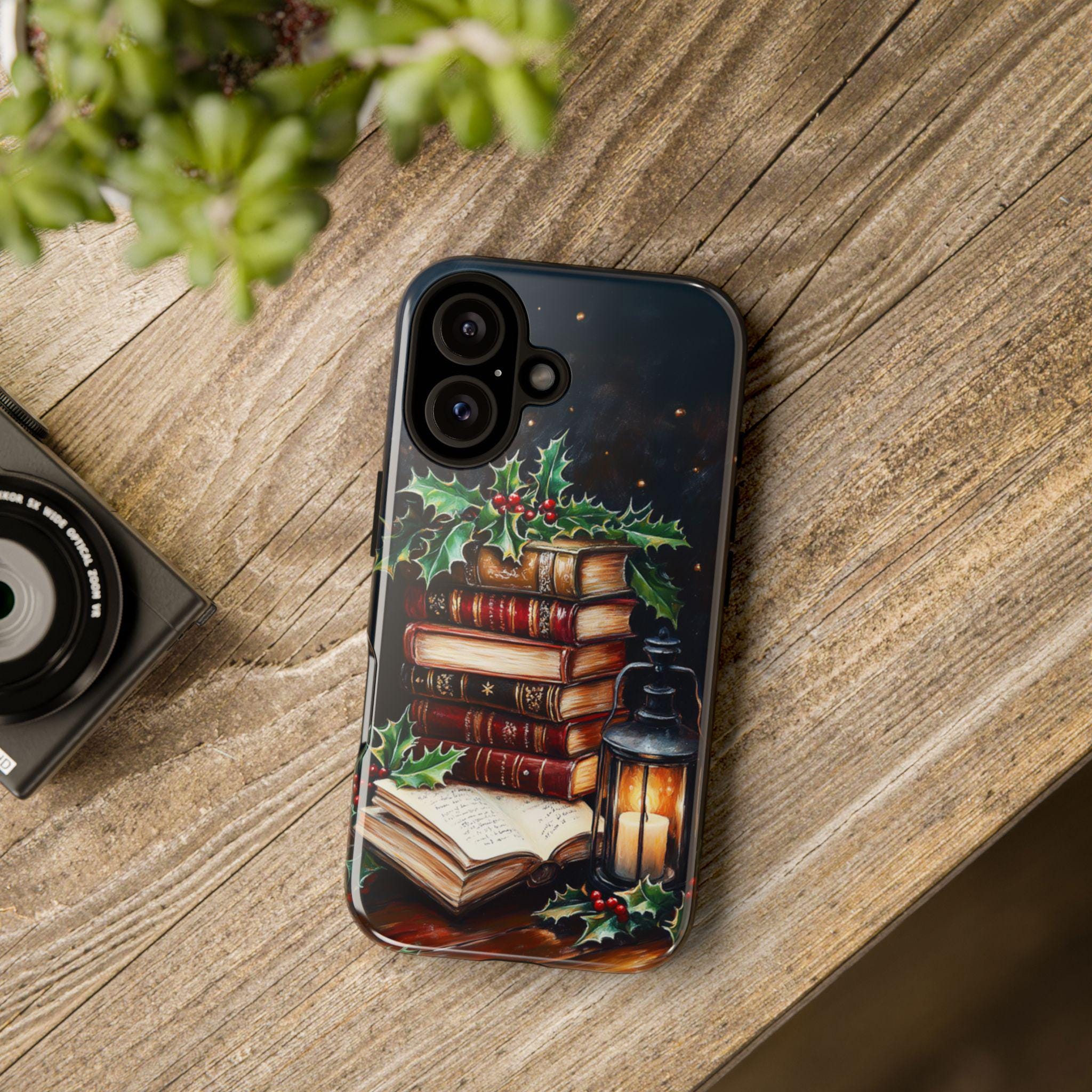 Xmas Gothic Dark Academia Bookcase Phone Case, Vintage Books Oil Painting effect Case for iPhone 16 Pro Max 15 14 Plus, Samsung S24 Ultra