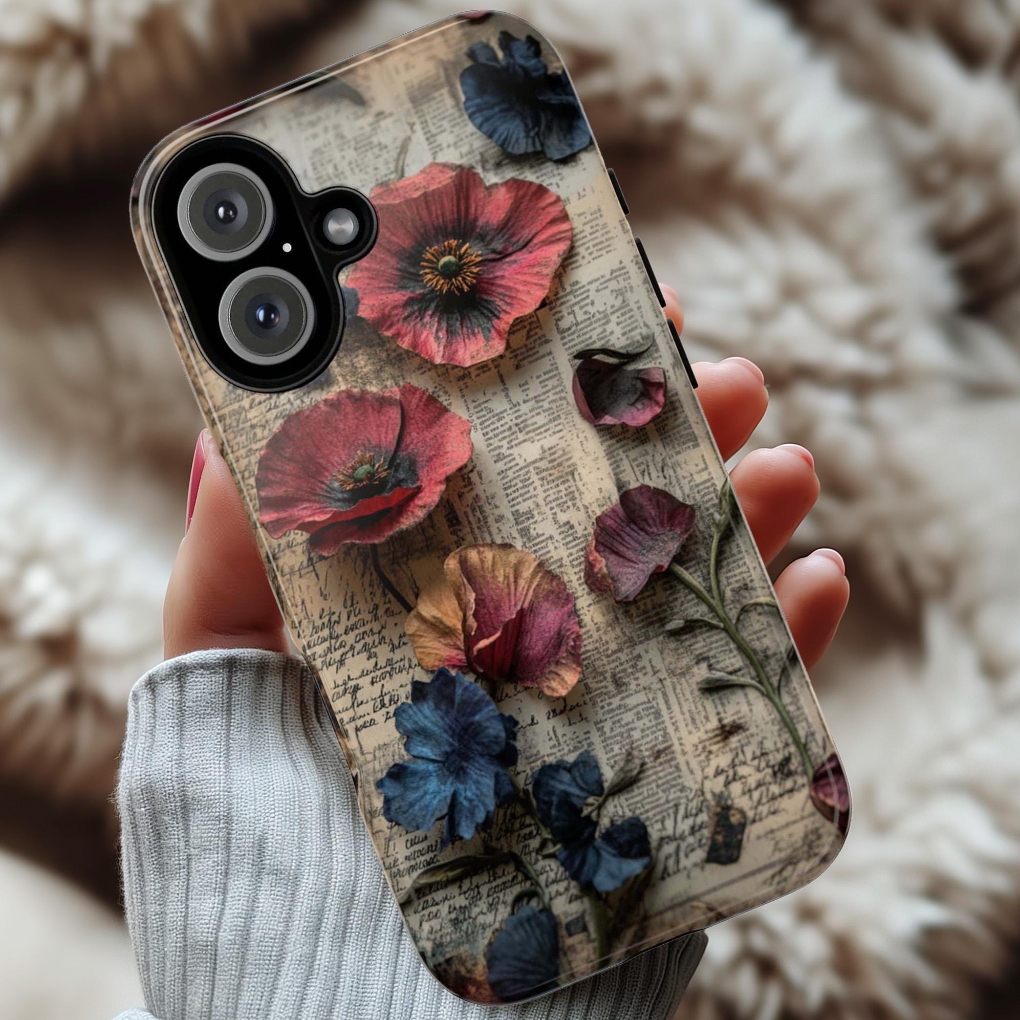 Botanical Floral Phone Case with Rustic Newspaper Design, Romantic Vintage Flower Cover for iPhone 16 15 Tough or Magsafe, Samsung, 476.4
