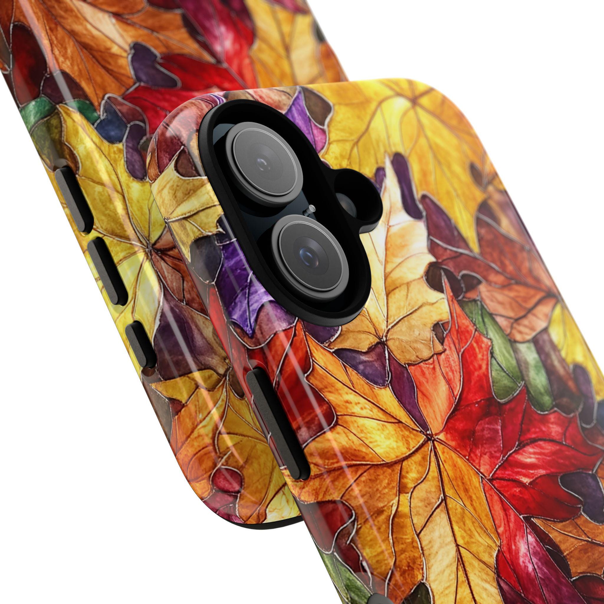 Colorful Fall Leaves Stained Glass Phone Case | Vibrant Autumn Design for iPhone 16 Pro Max 15 14 13 12 Plus Mag Safe, Samsung S25, 416.5