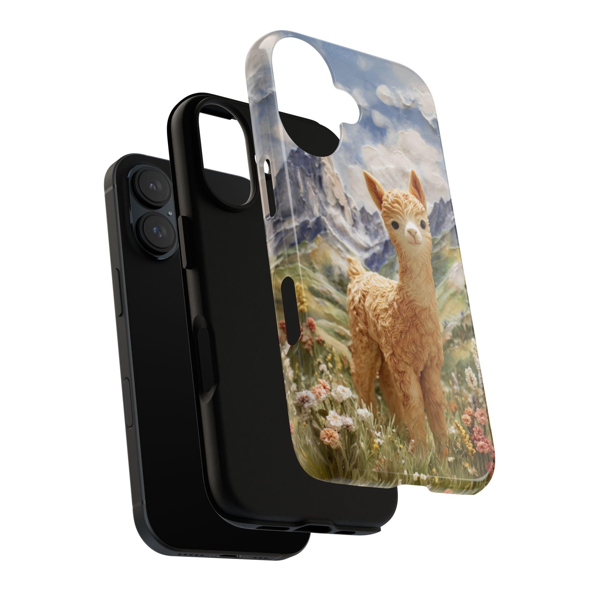 Cute Baby Alpaca Phone Case, Alpaca Lover, Mountain Flowers Scenic Nature Art Cover for iPhone 17 16 15 Tough or Magsafe, Samsung, 440.12