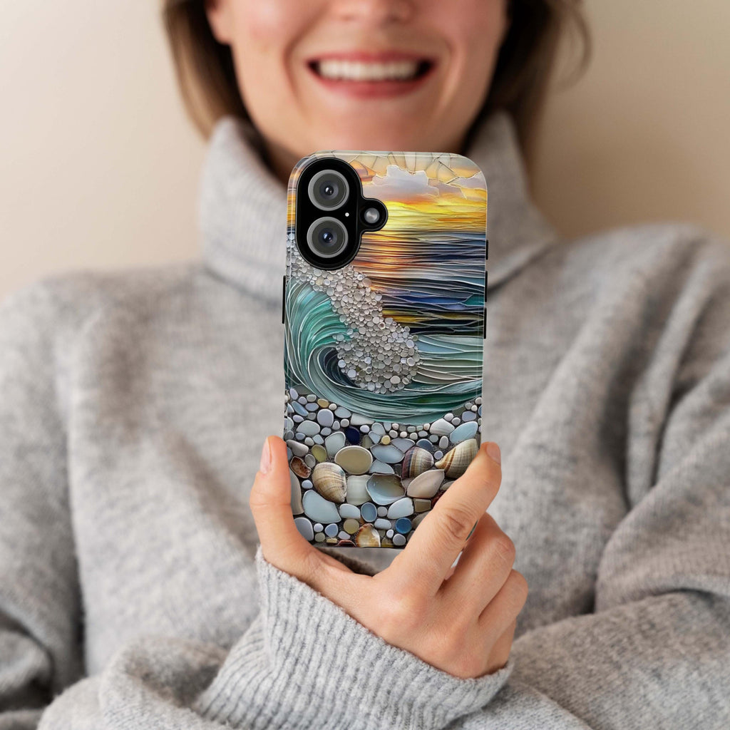 Summer Ocean Sunset Phone Case,  Stained Glass Effect Shell Design, Beach Vibes Coastal Art Cover for iPhone Touhg or Magsafe, 455.16